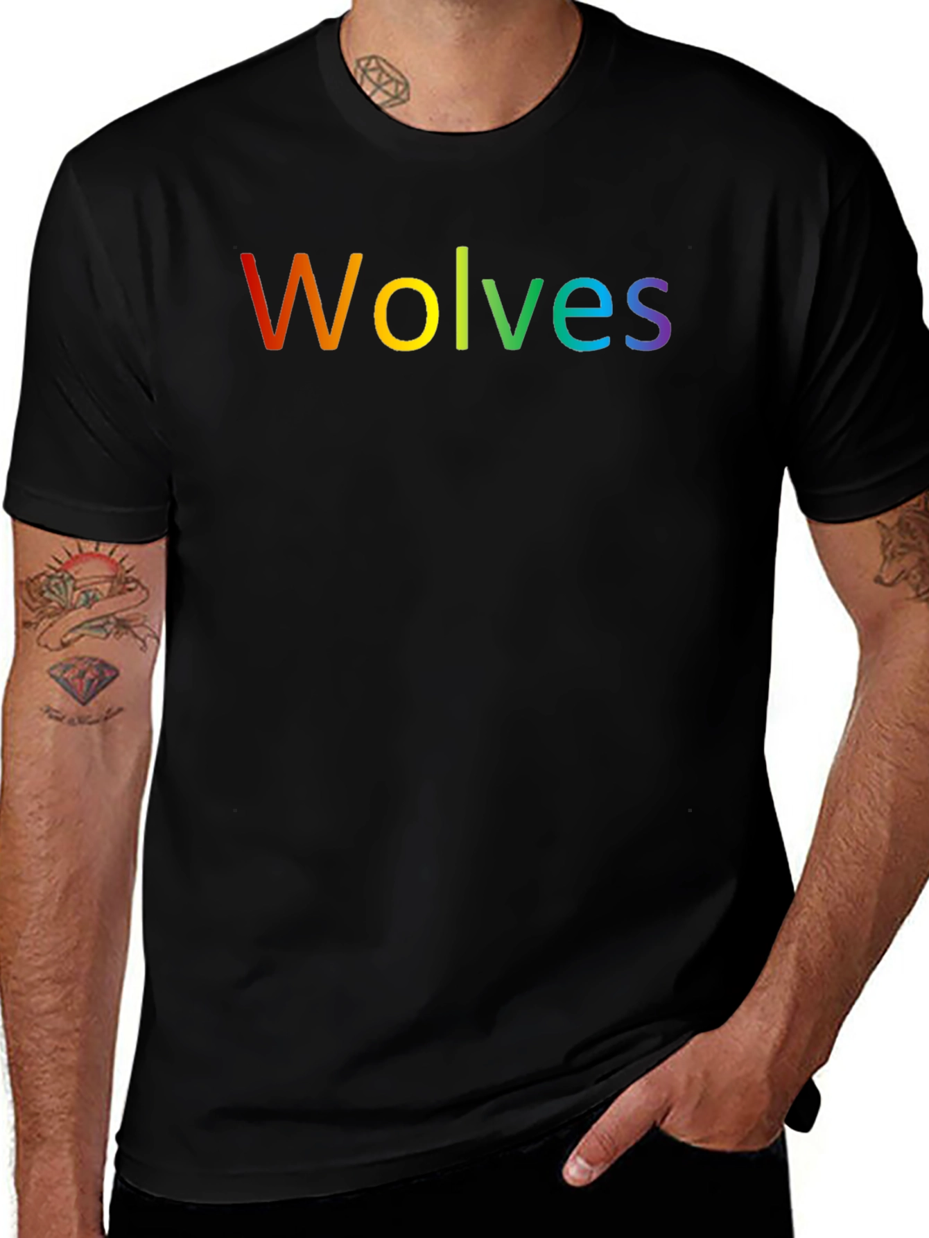 Variant 25 of Rainbow Wolves Graphic Tee - Black Cotton T-Shirt