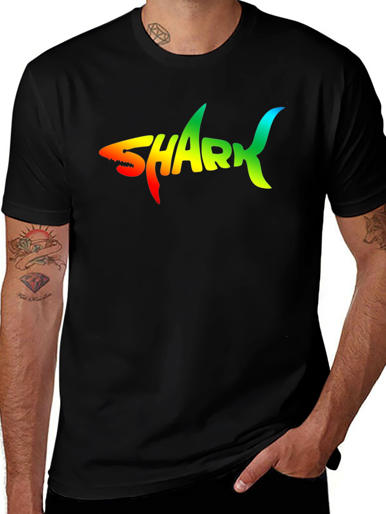 Variant 15 of Rainbow Shark Graphic Tee - Black Cotton T-Shirt