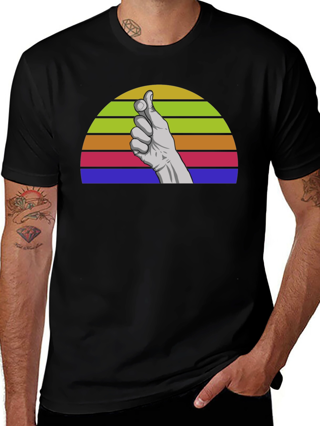 Variant 23 of Retro Hand Gesture Graphic Tee - Black Cotton Blend