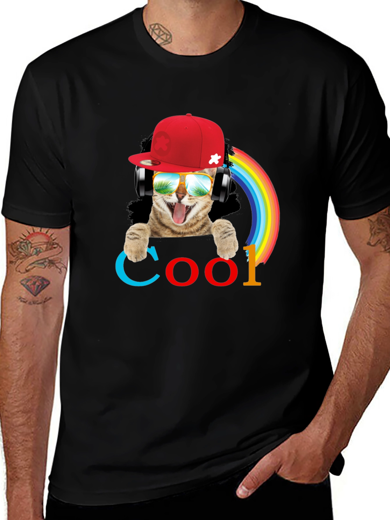 Variant 24 of Cool Cat T-Shirt with Headphones & Rainbow