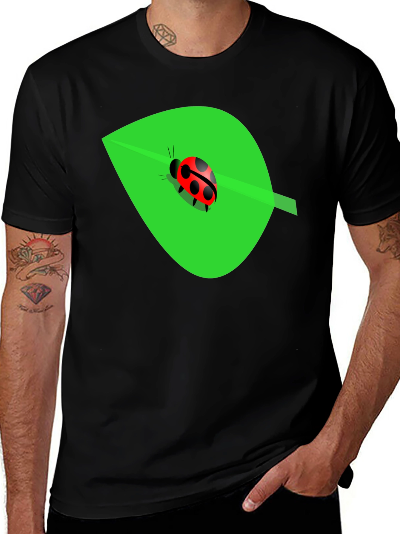 Ladybug on Leaf Graphic Tee - Black Cotton Blend