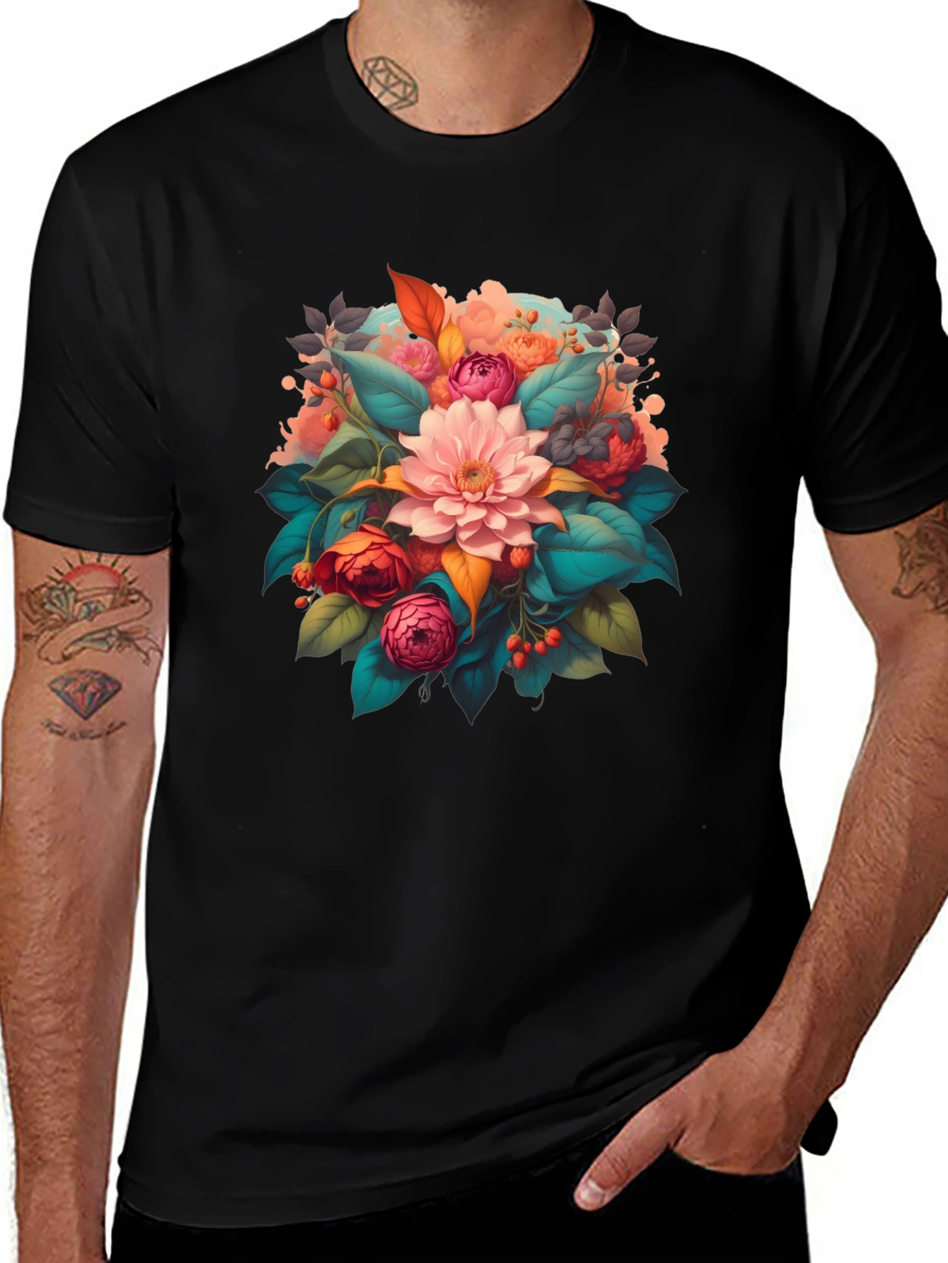 Variant 24 of Floral Bouquet Graphic Print Black T-Shirt