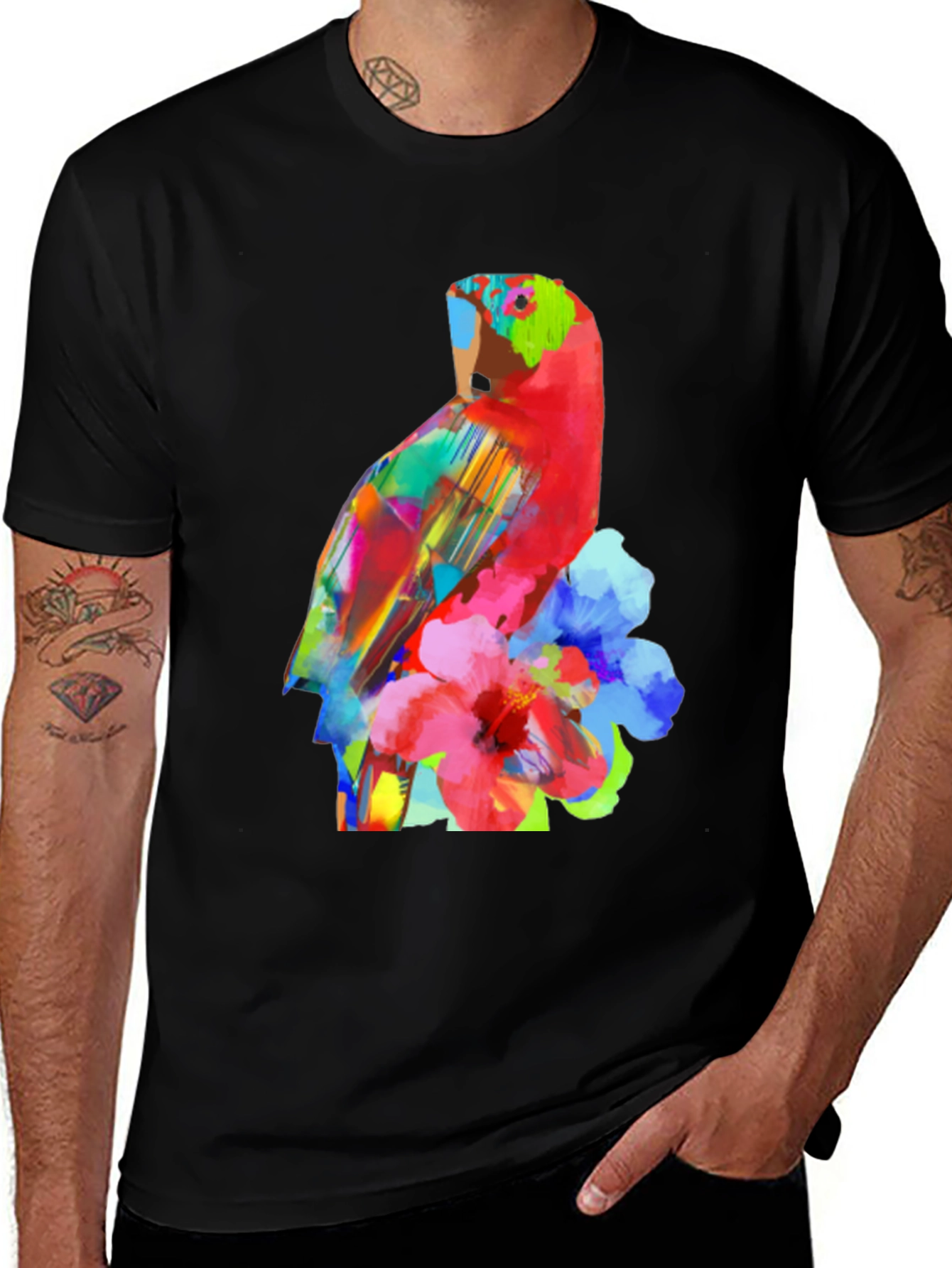 Variant 28 of Vibrant Parrot Graphic Tee - Unique Floral Design