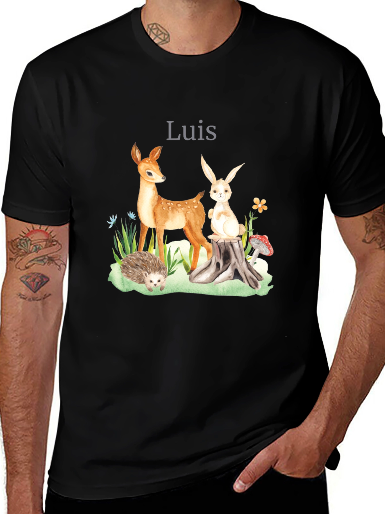 Variant 10 of Cute Woodland Animals Black T-Shirt - Luis