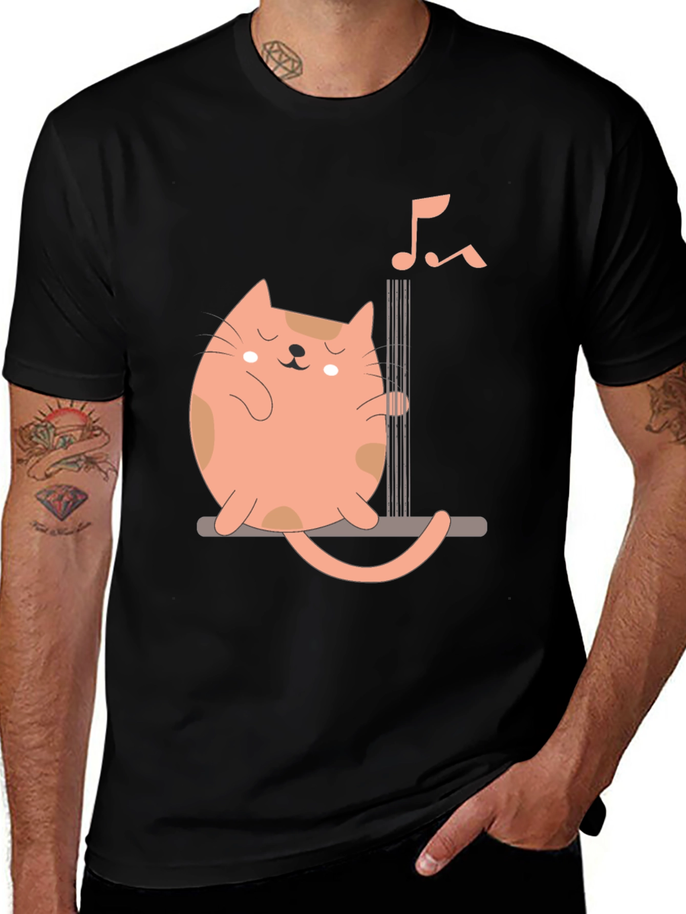 Variant 19 of Cat Playing Guitar Graphic Tee - Black Cotton Comfort