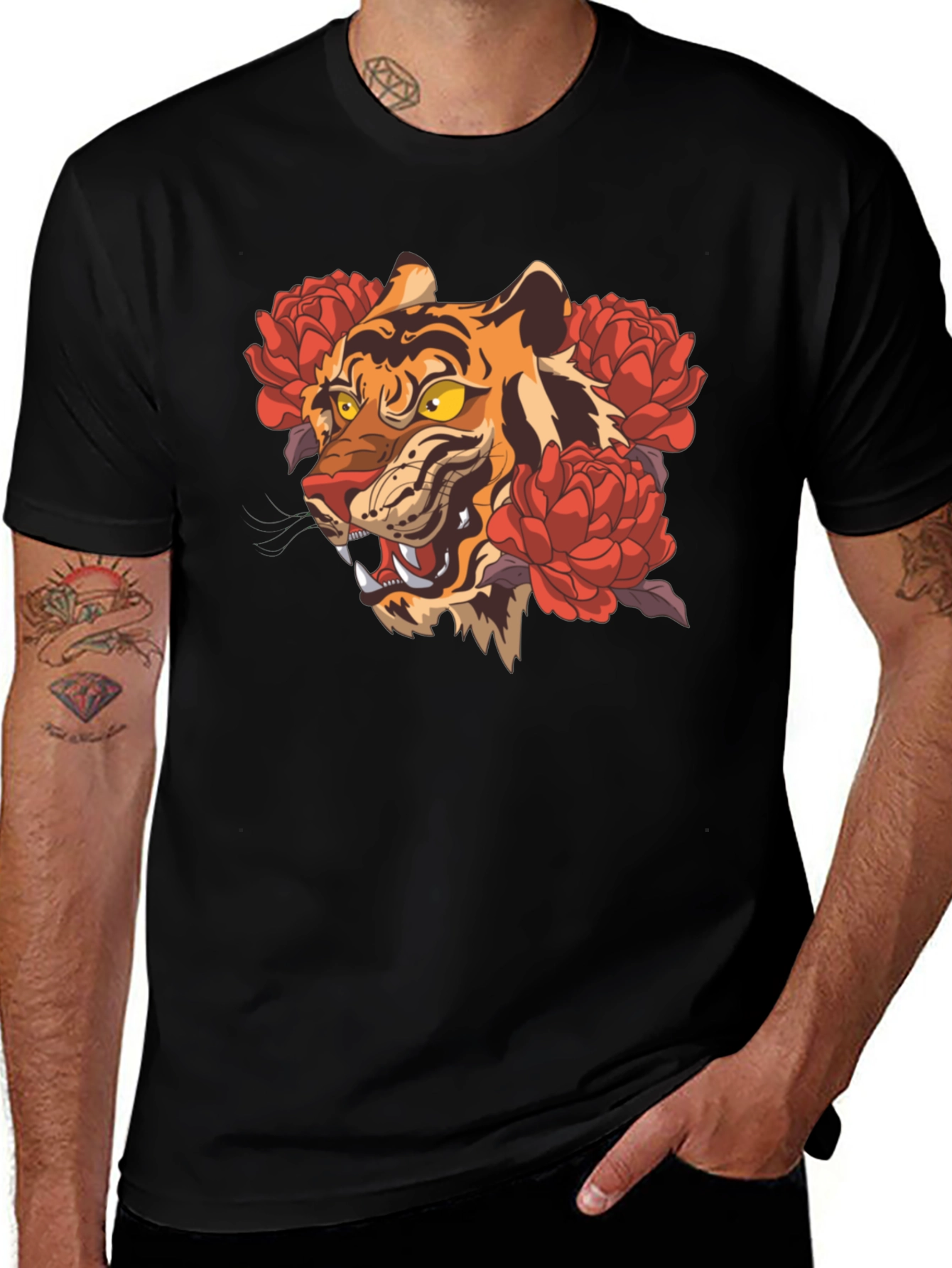 Variant 3 of Tiger and Floral Graphic Black T-Shirt