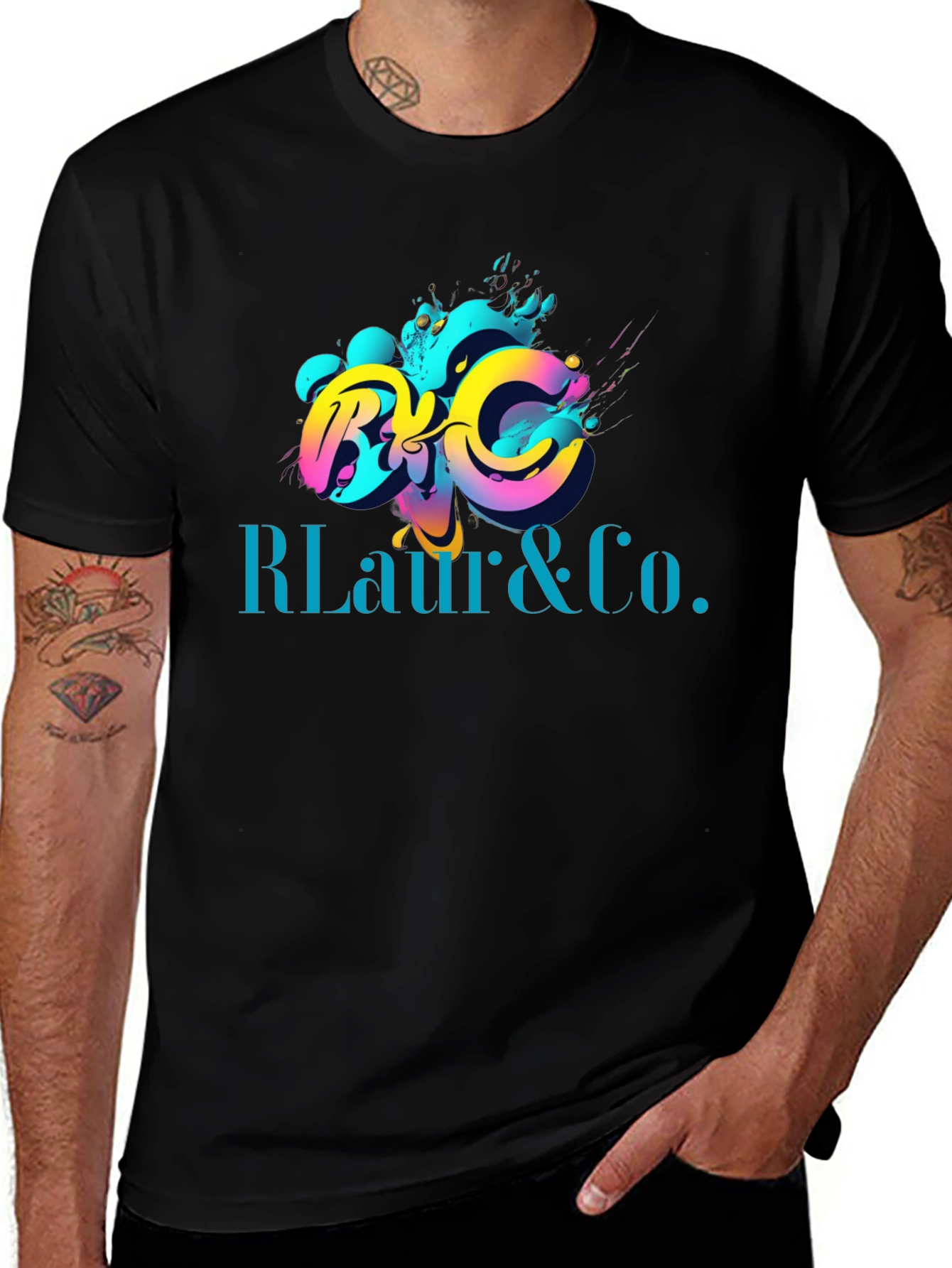 Variant 16 of Stylish Black T-Shirt with Colorful 'R Laur & Co.' Design
