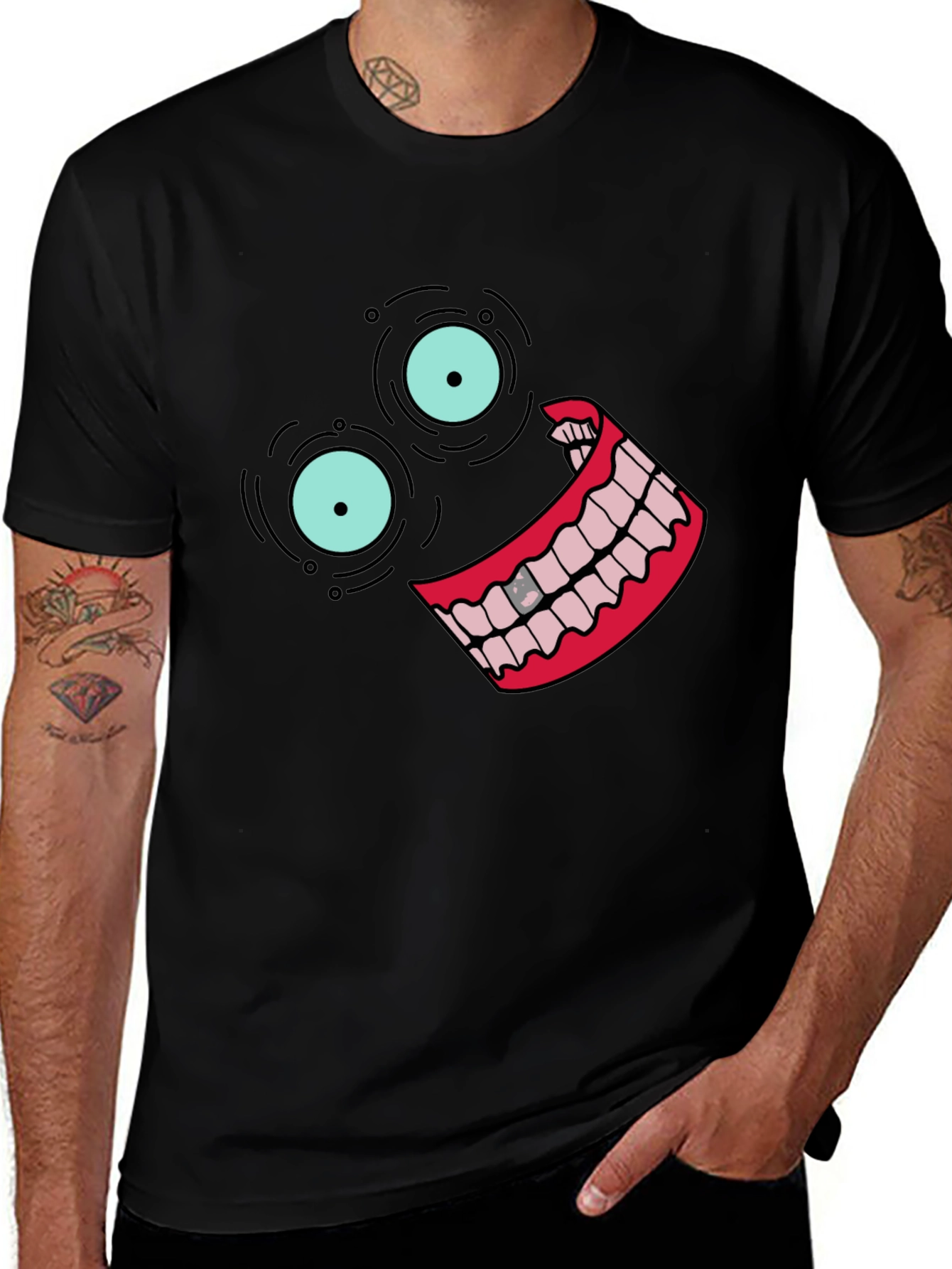 Variant 14 of Black T-Shirt with Cartoon Face Design