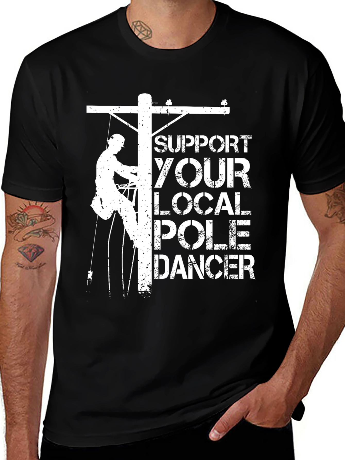 Black Support Your Local Pole Dancer Funny Lineman T-Shirt main image