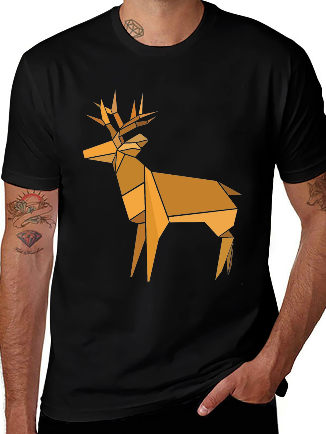 Variant 3 of Geometric Origami Deer Graphic Tee - Black