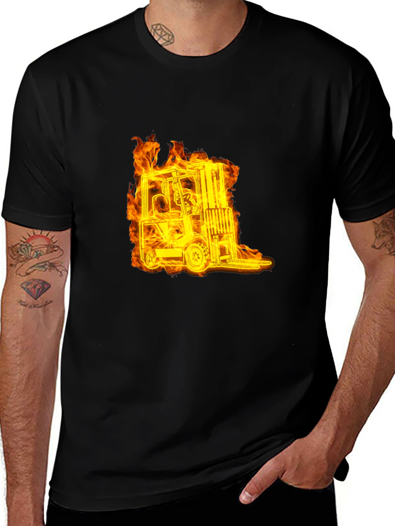 Variant 23 of Fiery Forklift Graphic Tee - Black Cotton T-Shirt