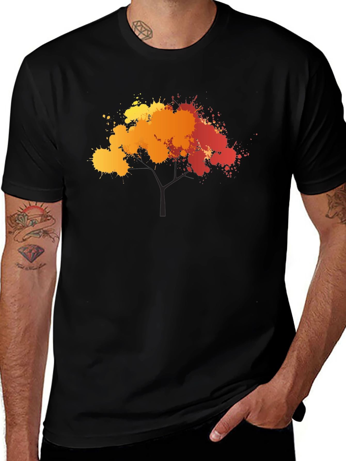 Variant 8 of Autumn Tree Splatter Print Black T-Shirt