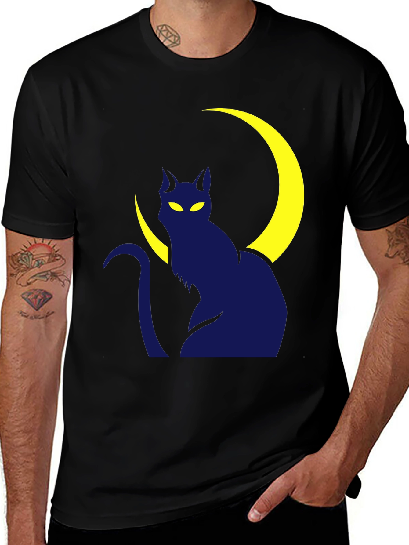 Variant 20 of Cat & Moon Graphic Tee - Black Cotton Casual Shirt
