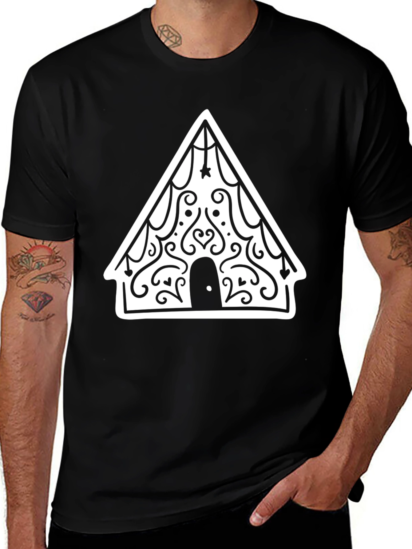 Variant 10 of Black T-Shirt with Decorative Triangle House Graphic
