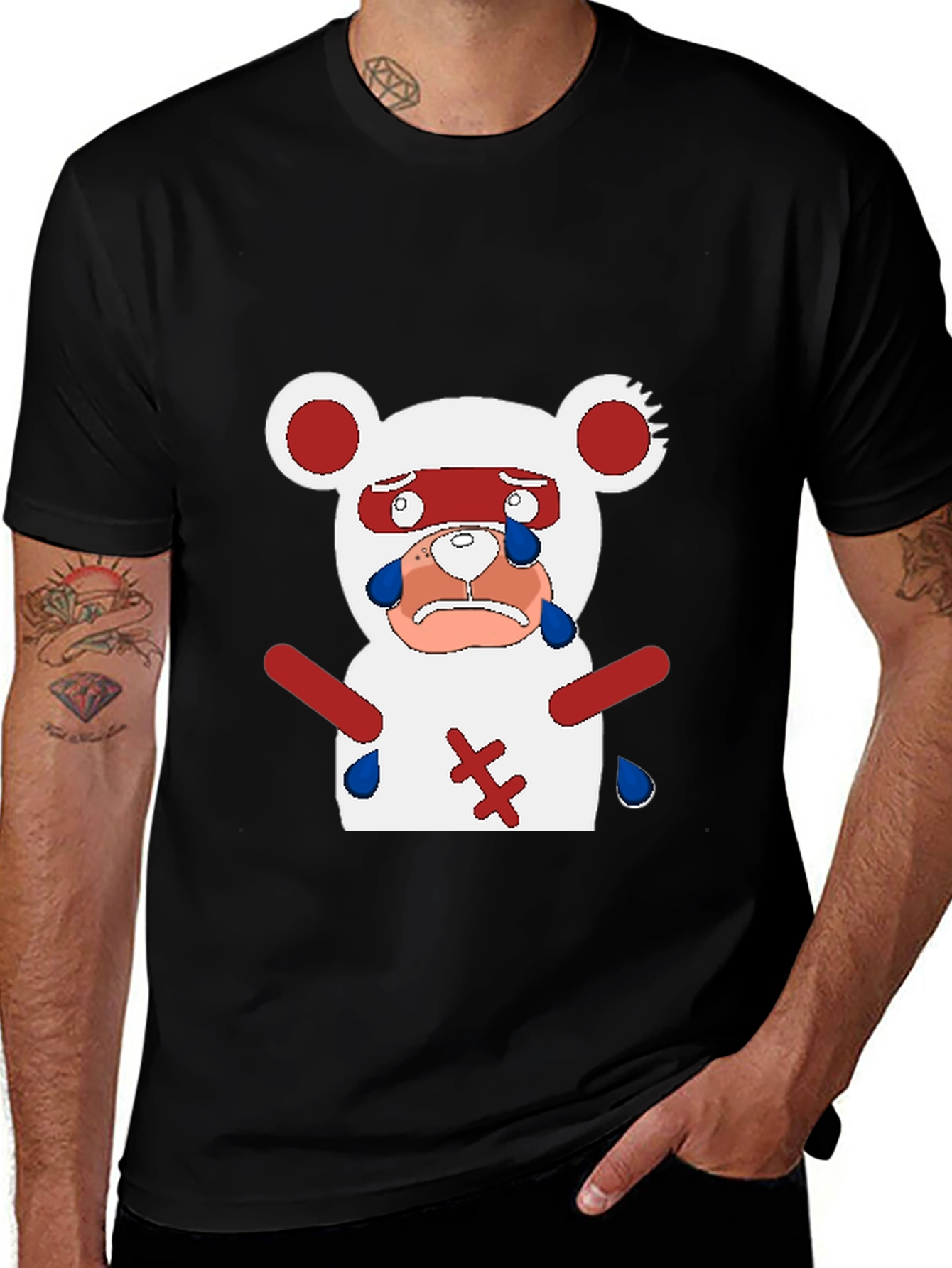 Variant 18 of Sad Anime Bear T-Shirt - Black Cotton Blend Casual Tee