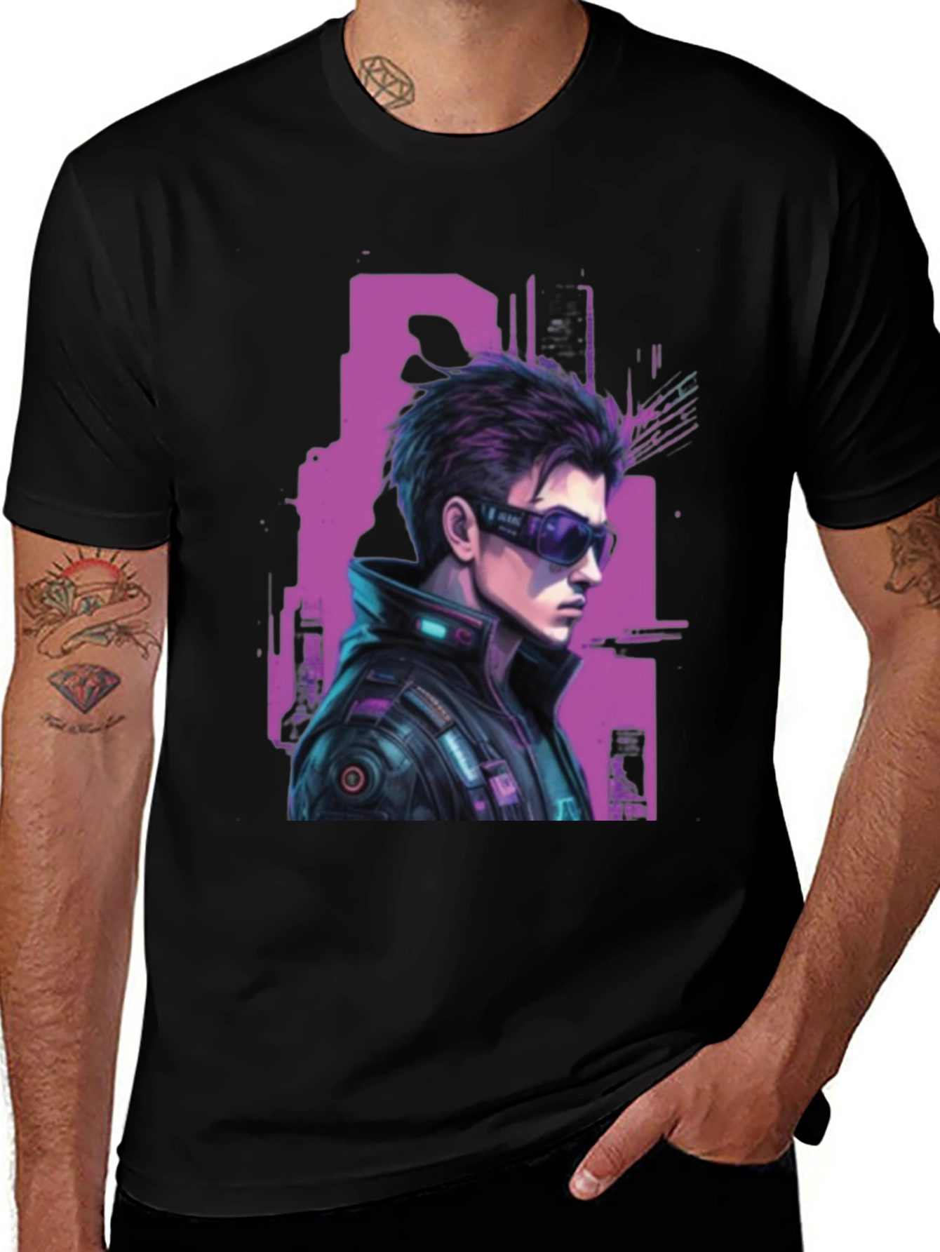 Black Cyberpunk Character Graphic T-Shirt main image