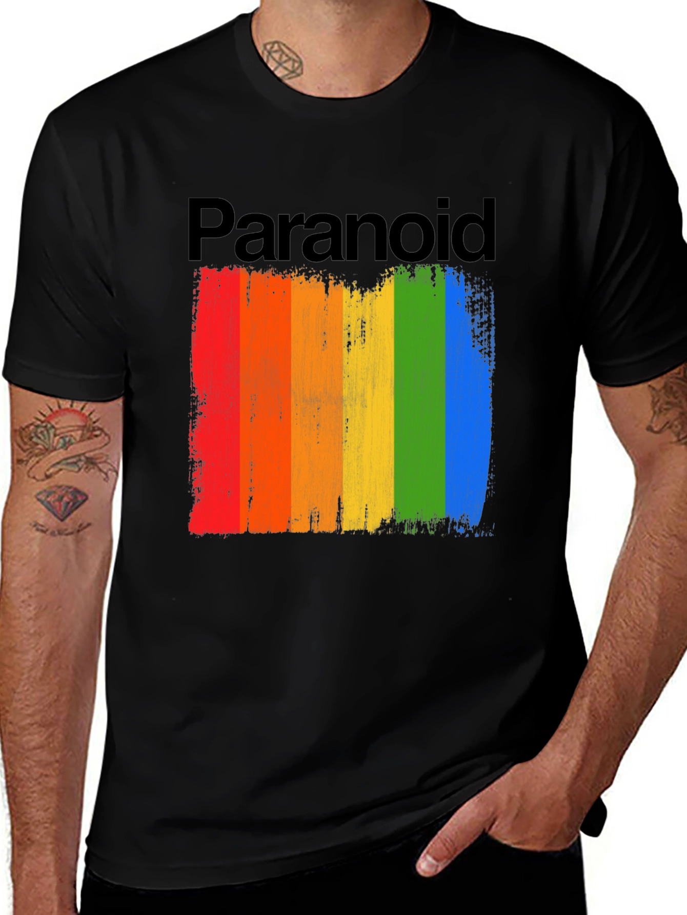 Paranoid Rainbow Stripe Graphic Tee - Black Cotton Blend