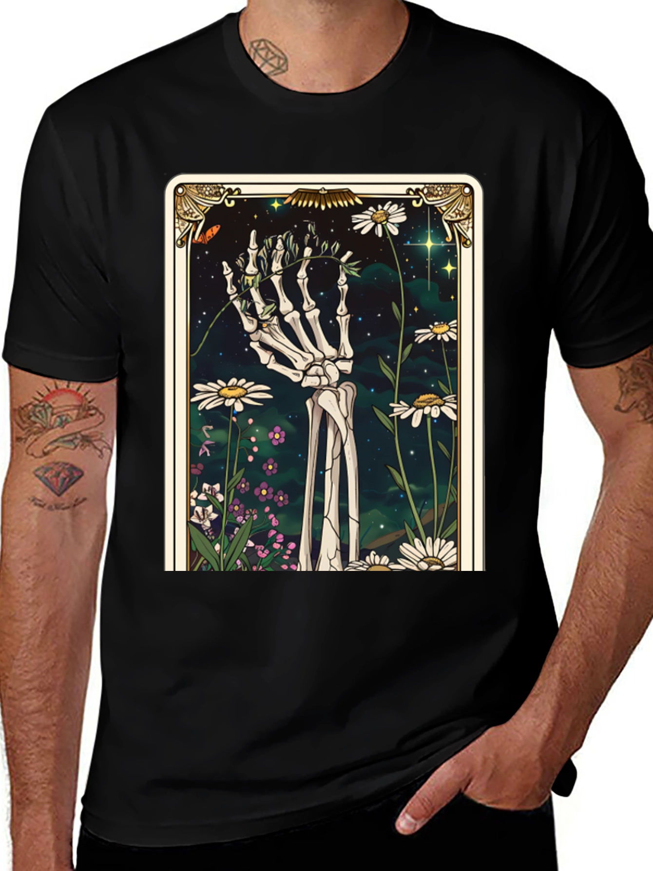 Black Floral Skeleton Tarot Graphic Tee main image