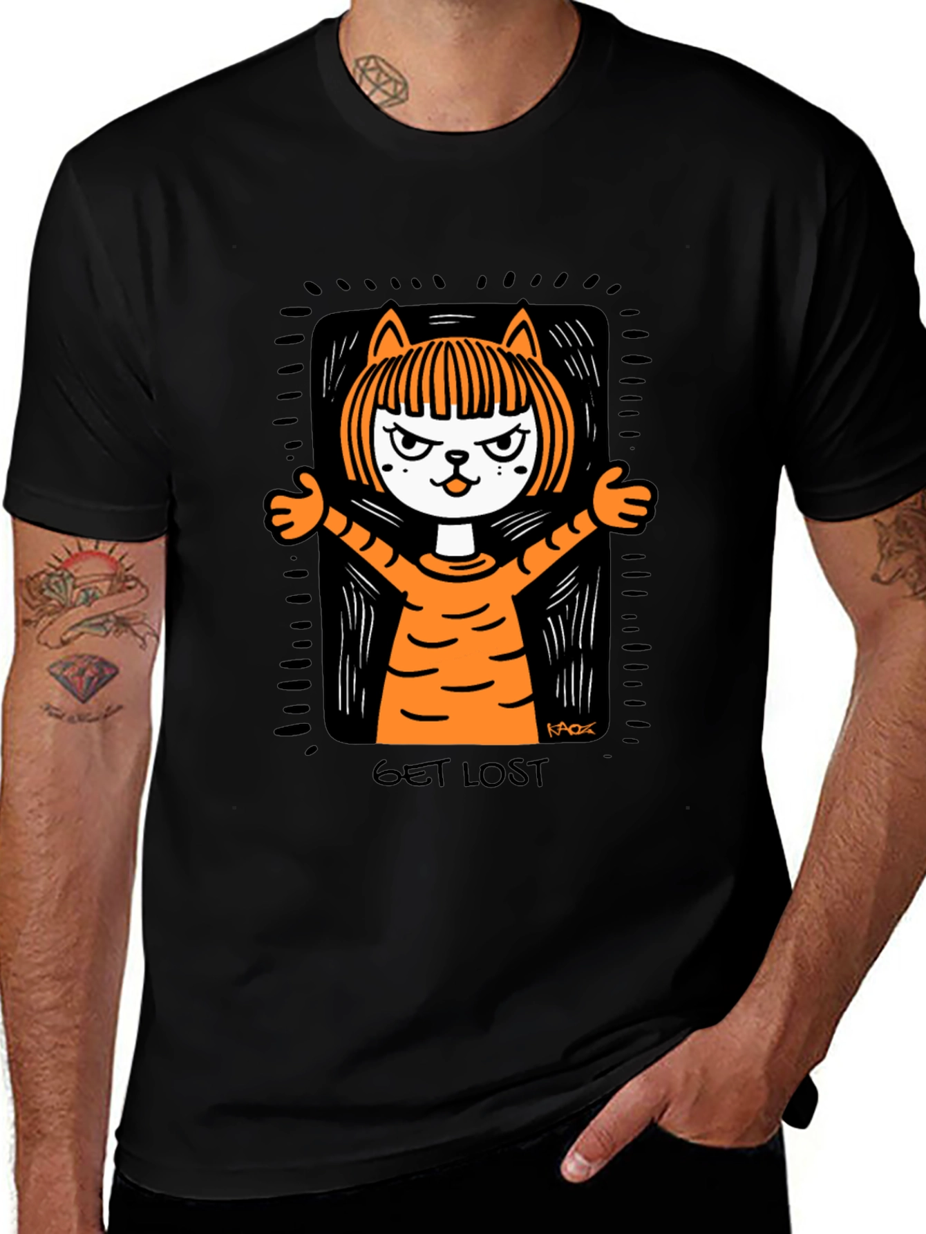 Variant 13 of Get Lost Cat Graphic Tee - Men's Black T-Shirt