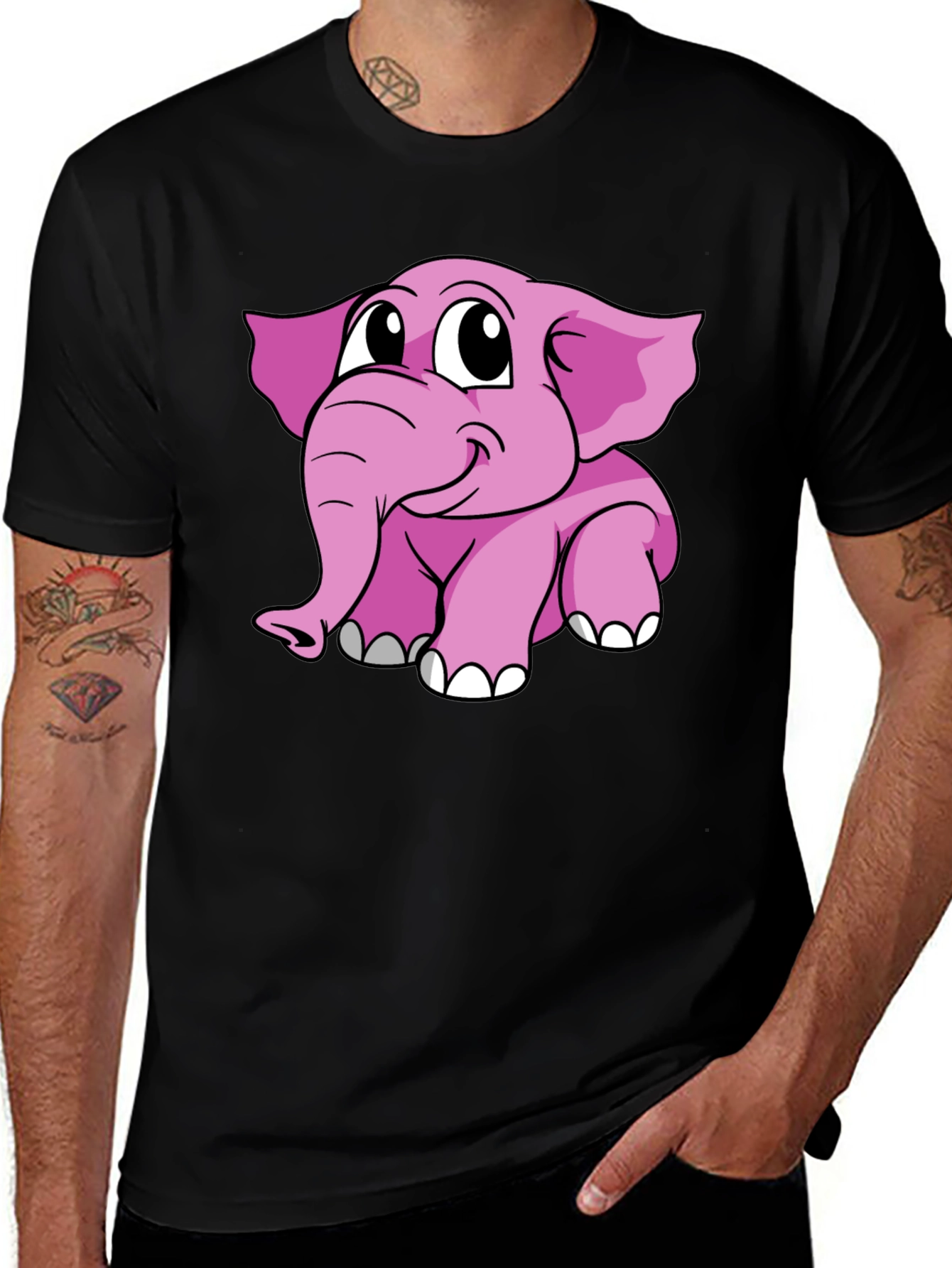 Variant 19 of Cute Pink Elephant Graphic Tee - Black Cotton Shirt