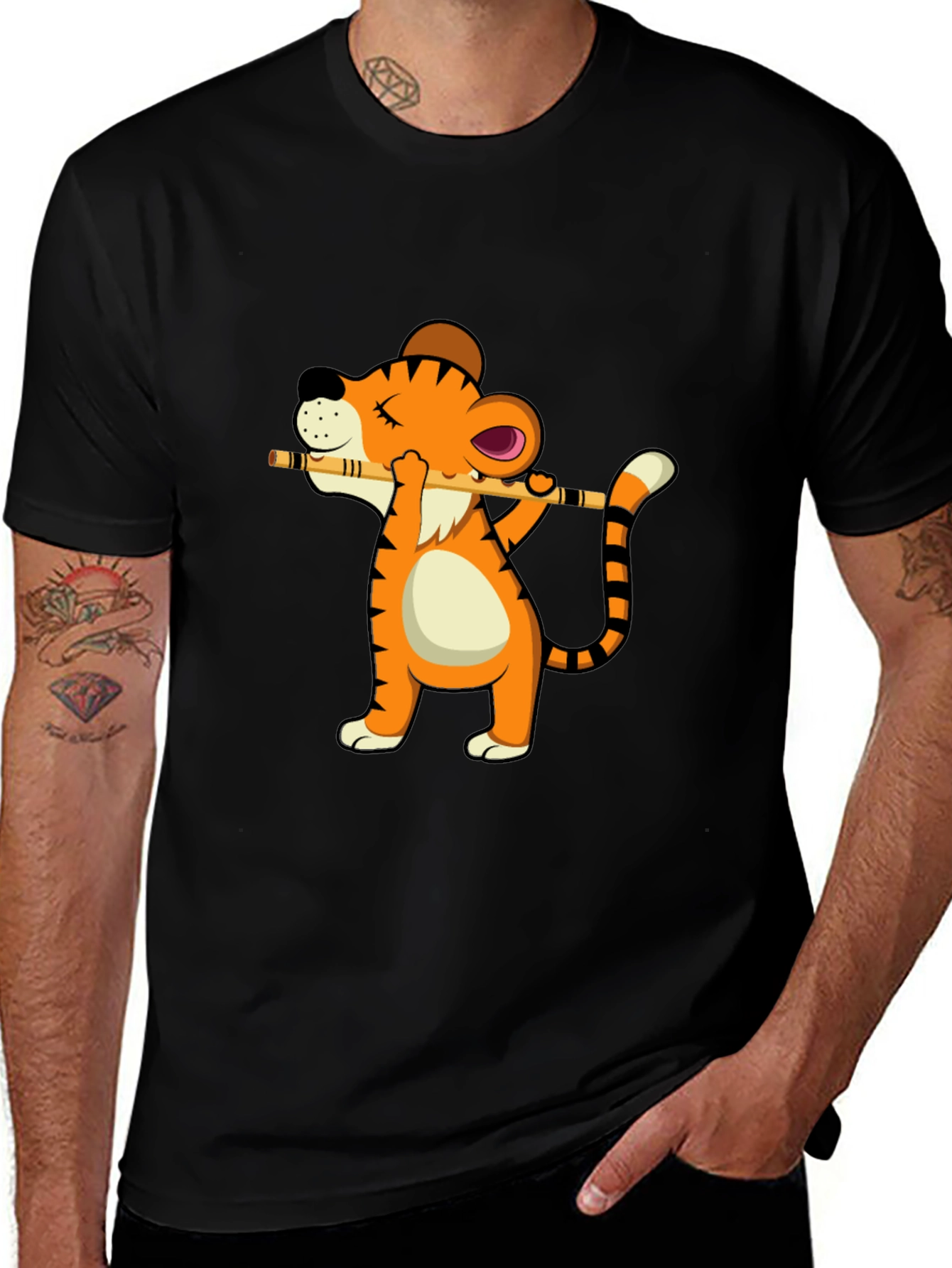 Variant 17 of Tiger Flute Player Graphic Tee - Fun Animal Design