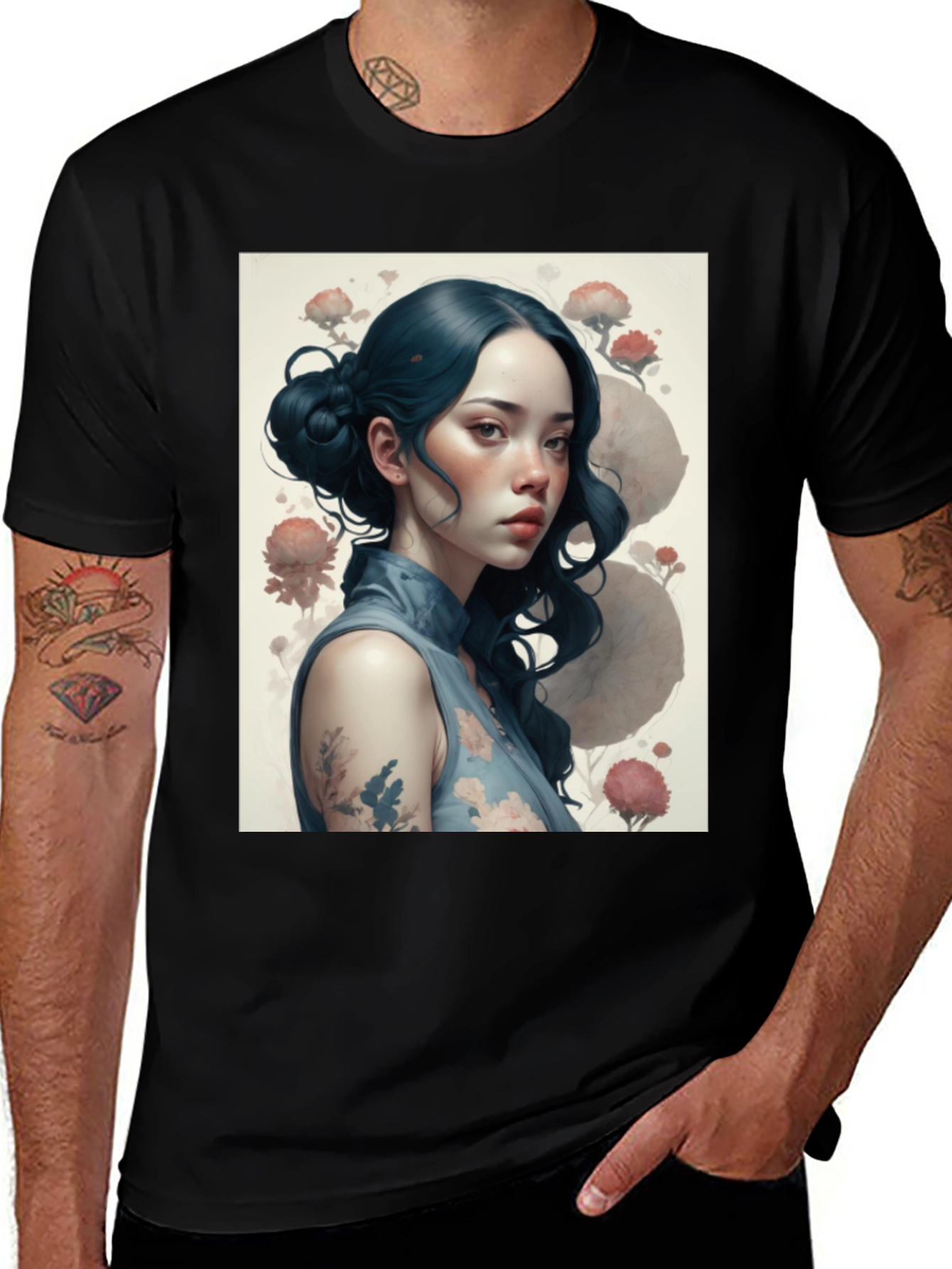 Artistic Asian Girl Graphic Black T-Shirt