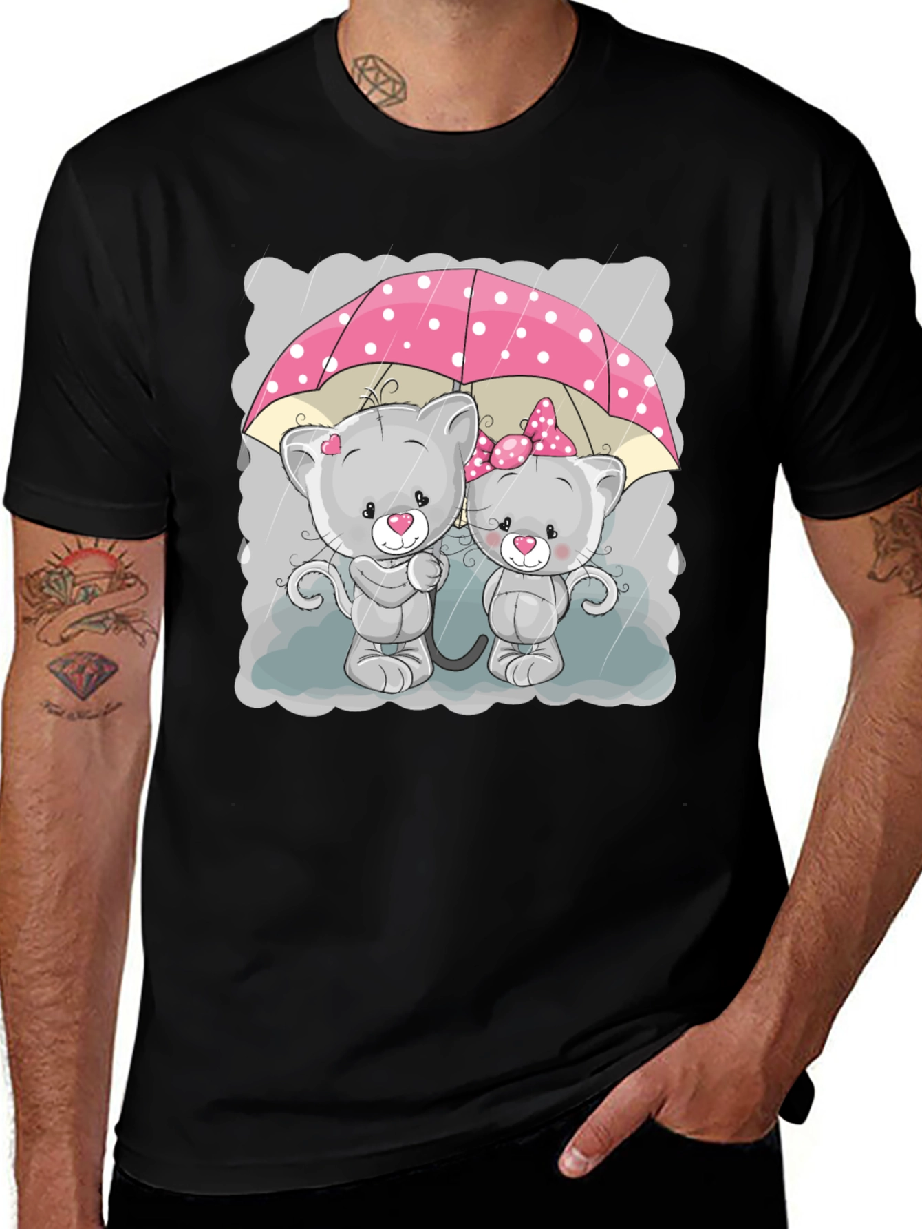 Variant 11 of Cute Cartoon Cats Under Umbrella Black T-Shirt