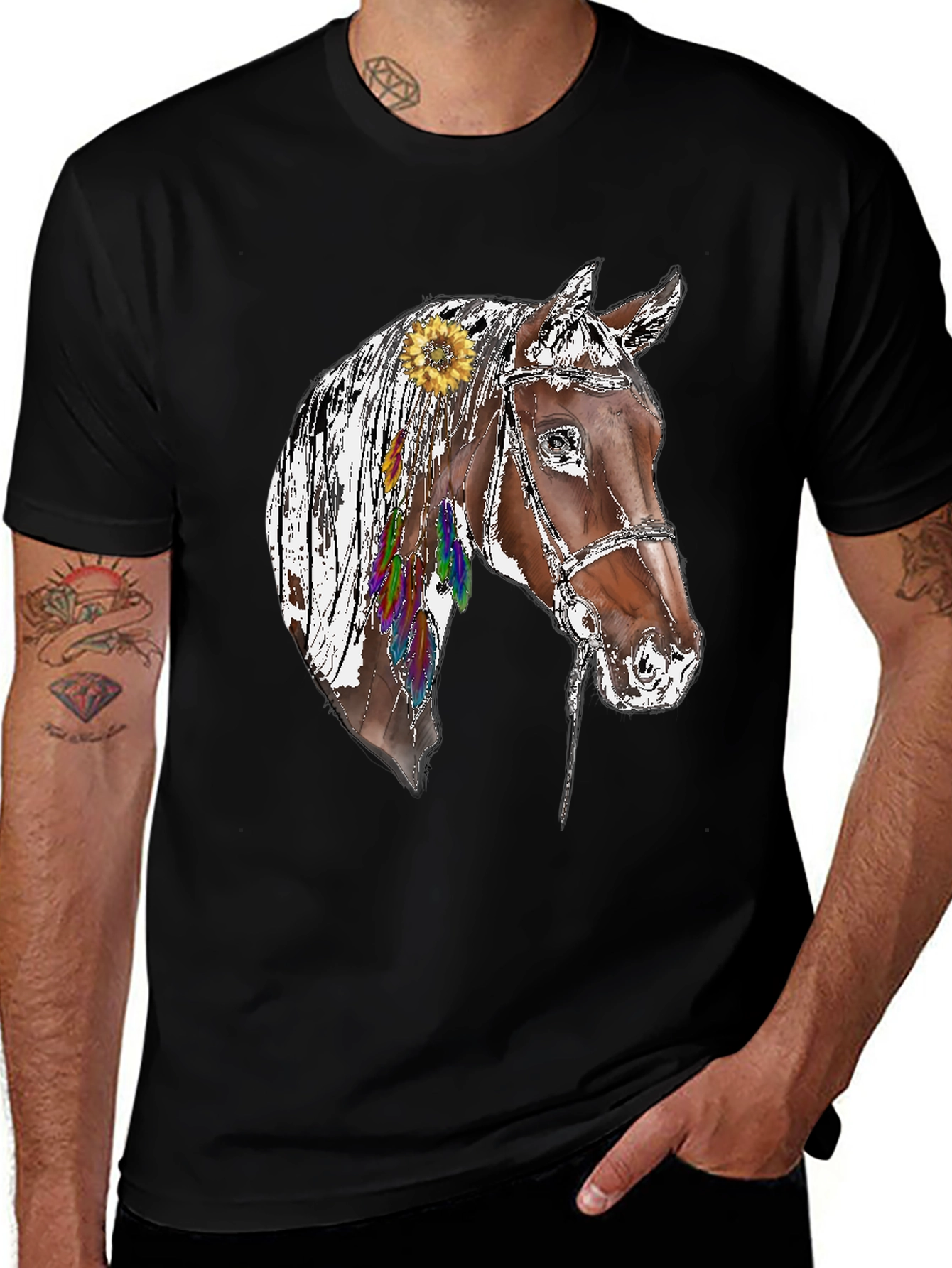 Variant 26 of Horse Graphic Tee - Sunflower & Feathers Black T-Shirt