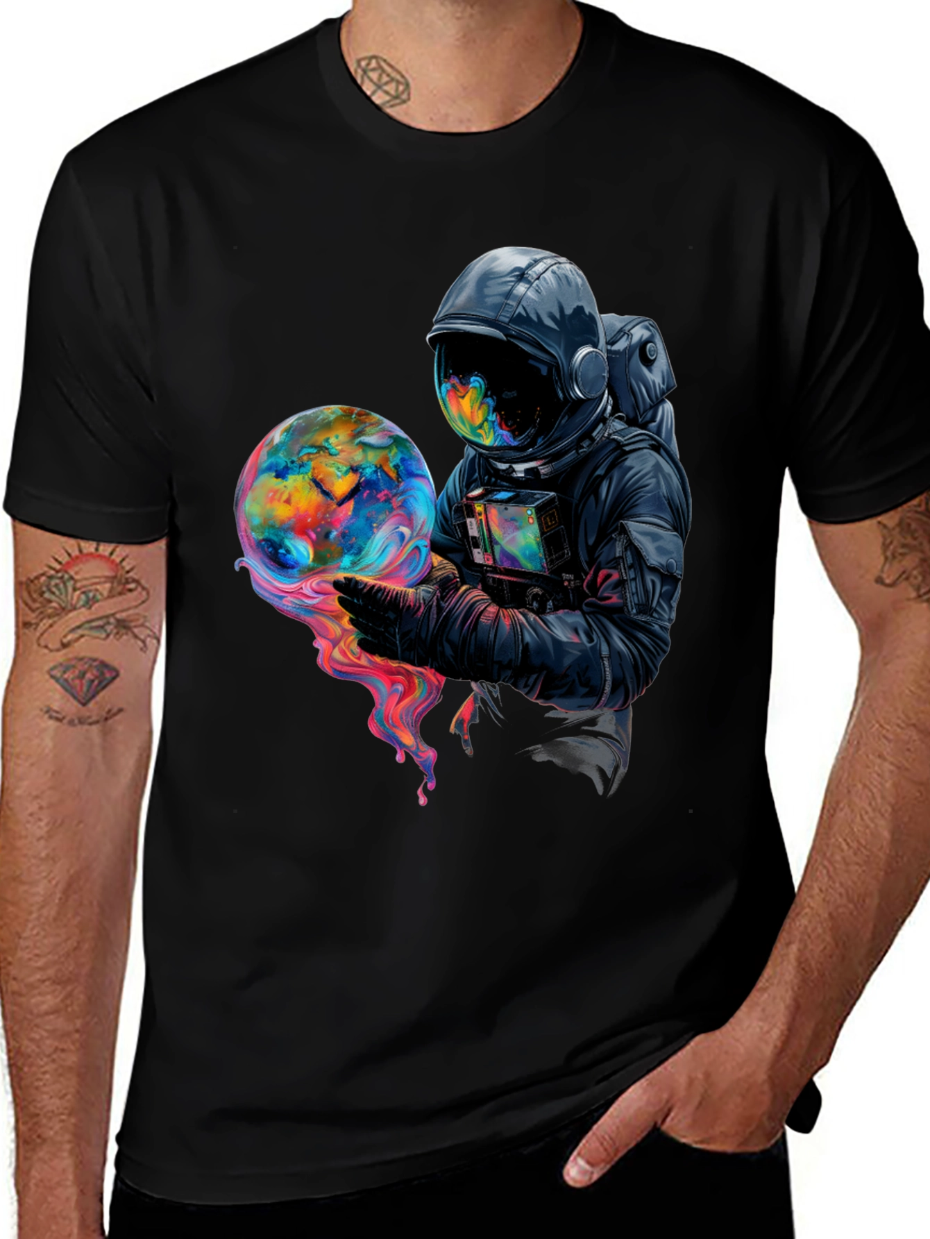 Variant 26 of Astronaut Globe Graphic Tee - Black Cotton Comfort