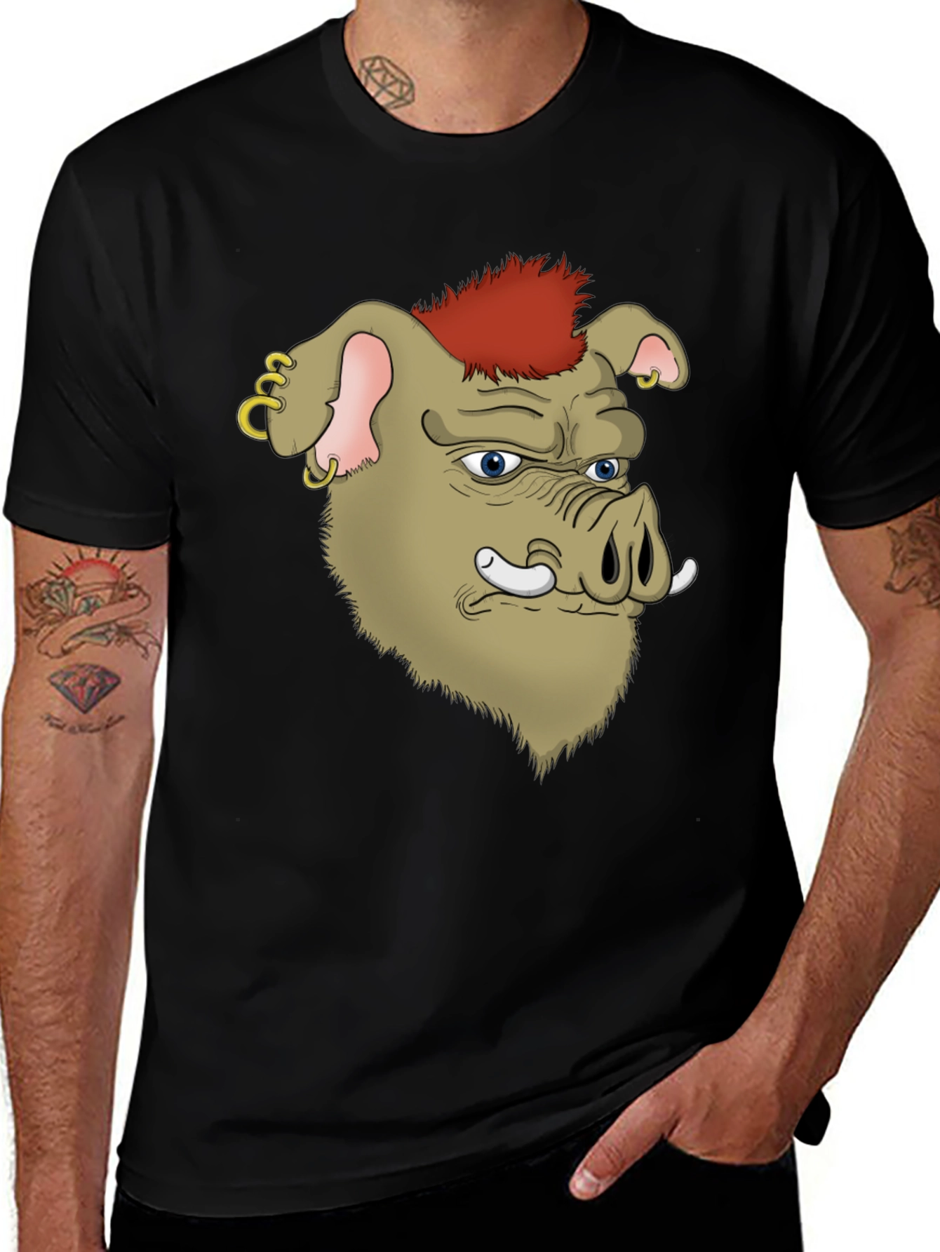 Variant 28 of Boar Cartoon Graphic Black T-Shirt