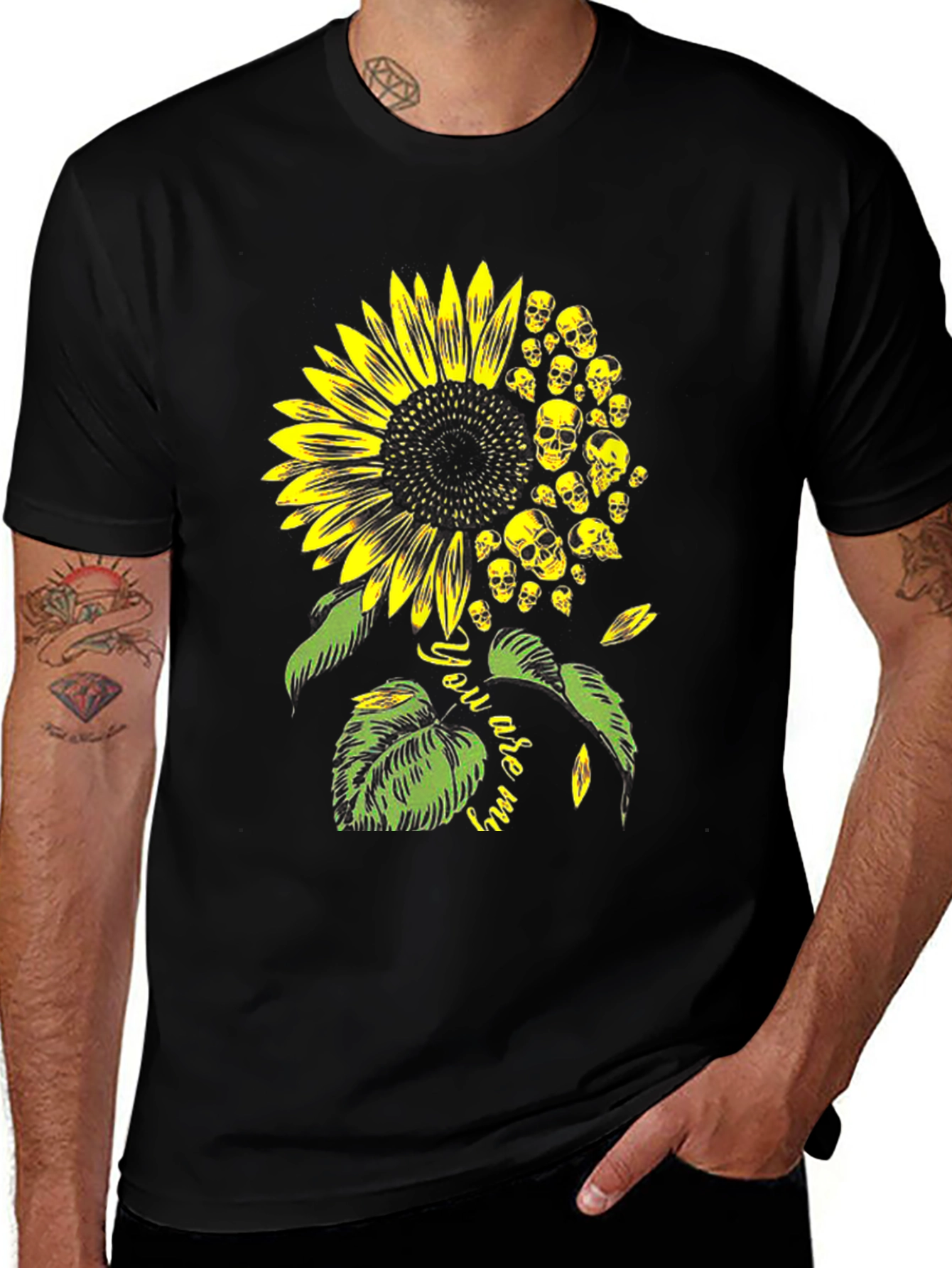 Variant 24 of Skull Sunflower Graphic Tee - Black Cotton T-Shirt