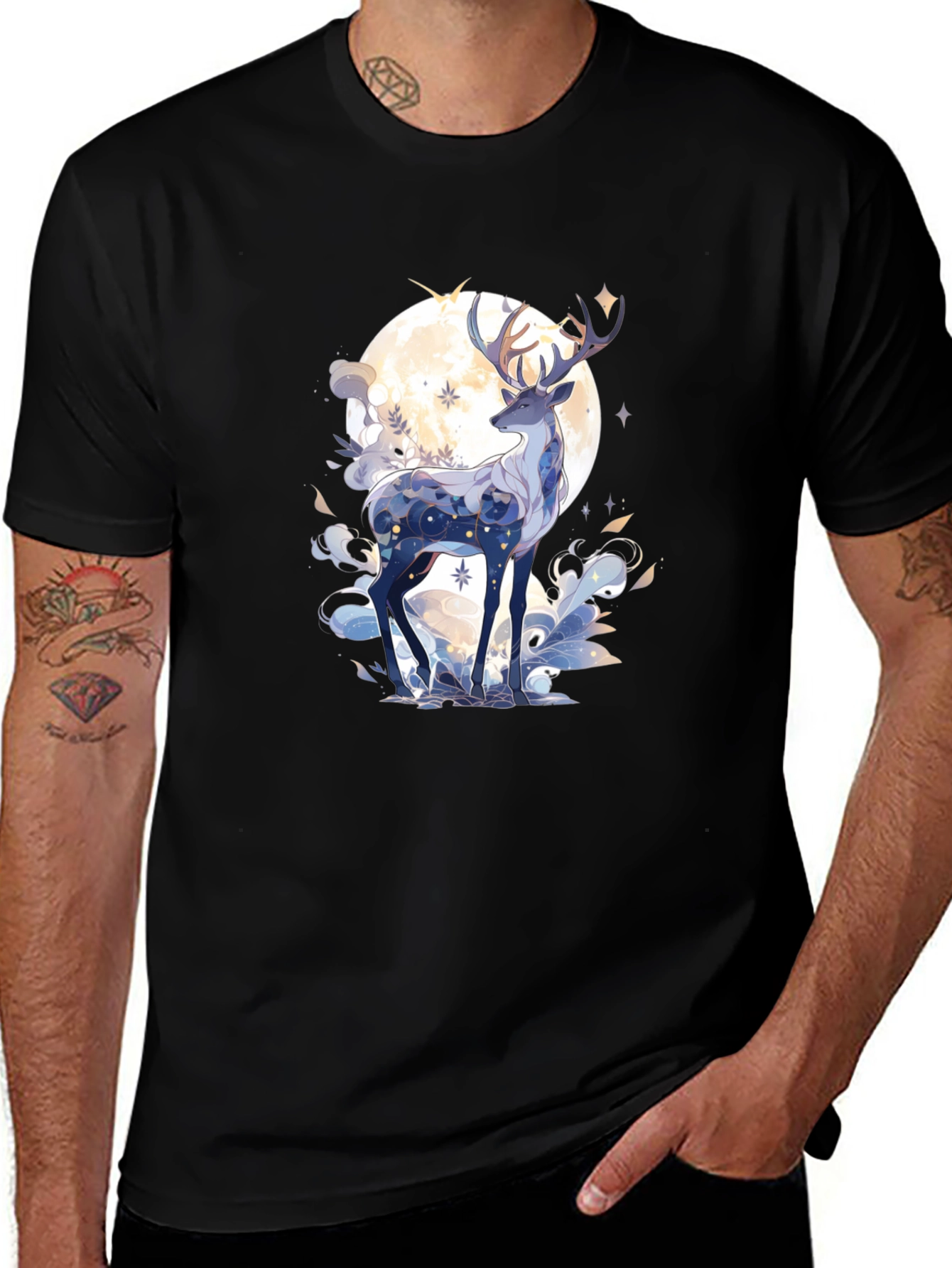 Variant 20 of Celestial Deer Graphic Tee - Black Cotton Comfort