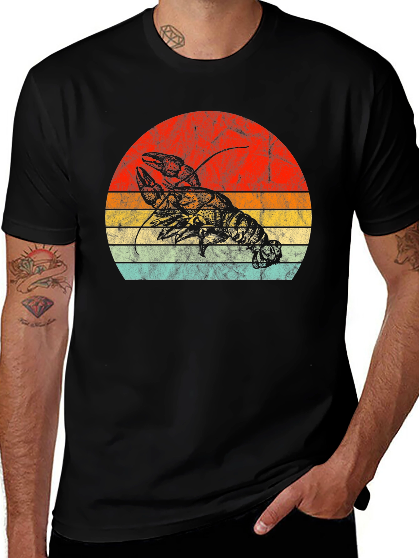 Variant 4 of Retro Lobster Sunset Graphic Tee - Black