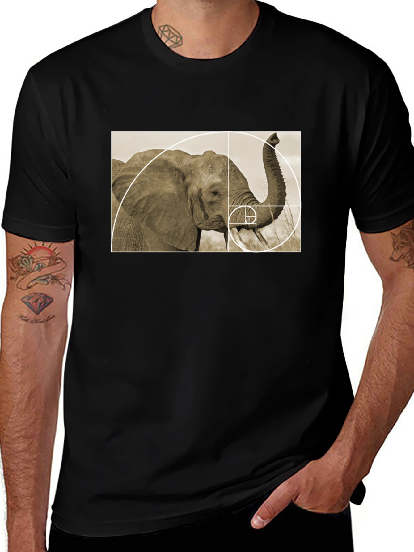 Variant 27 of Golden Ratio Elephant Black T-Shirt