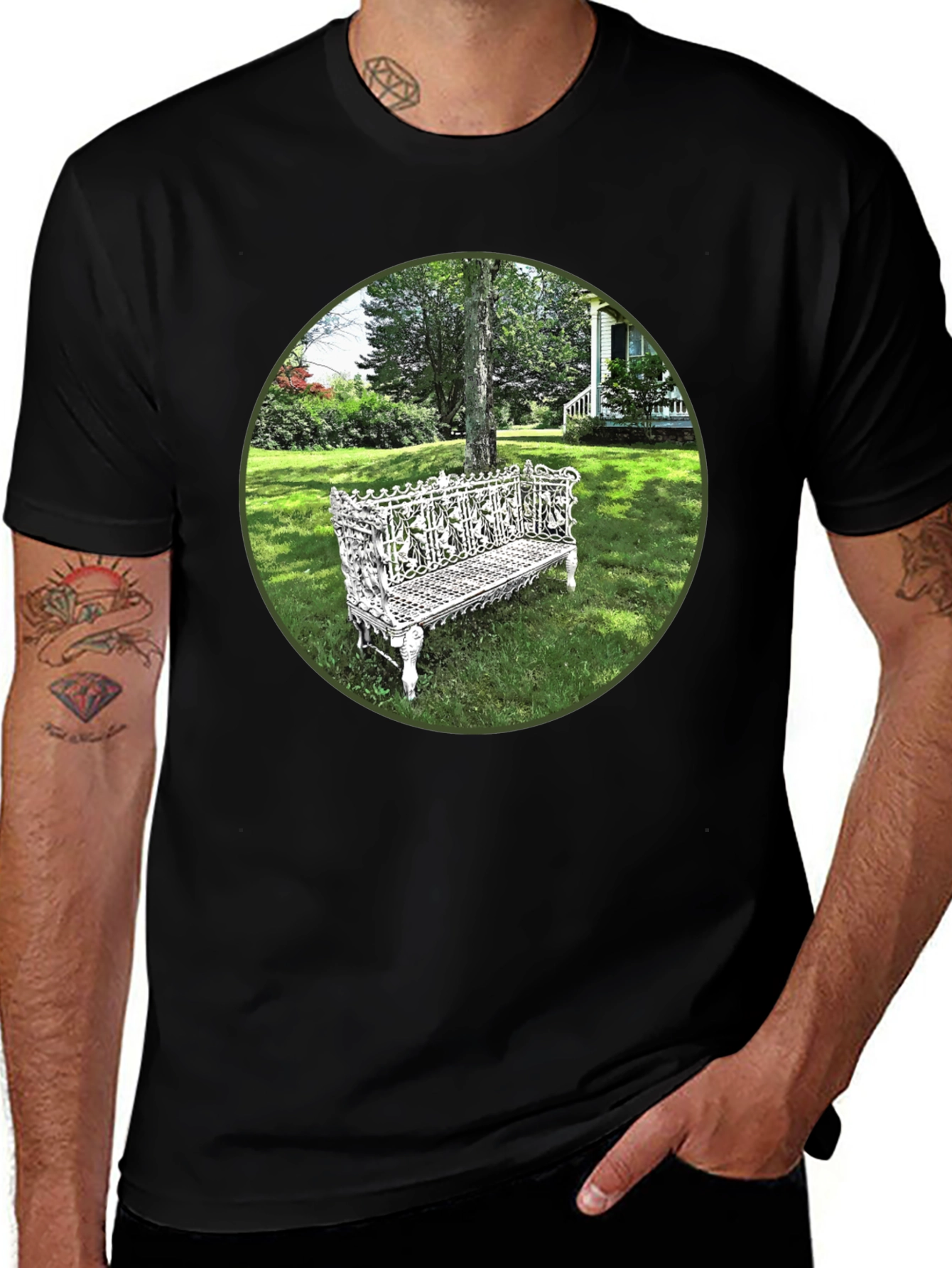 Variant 28 of Ornate Bench Garden View Black T-Shirt