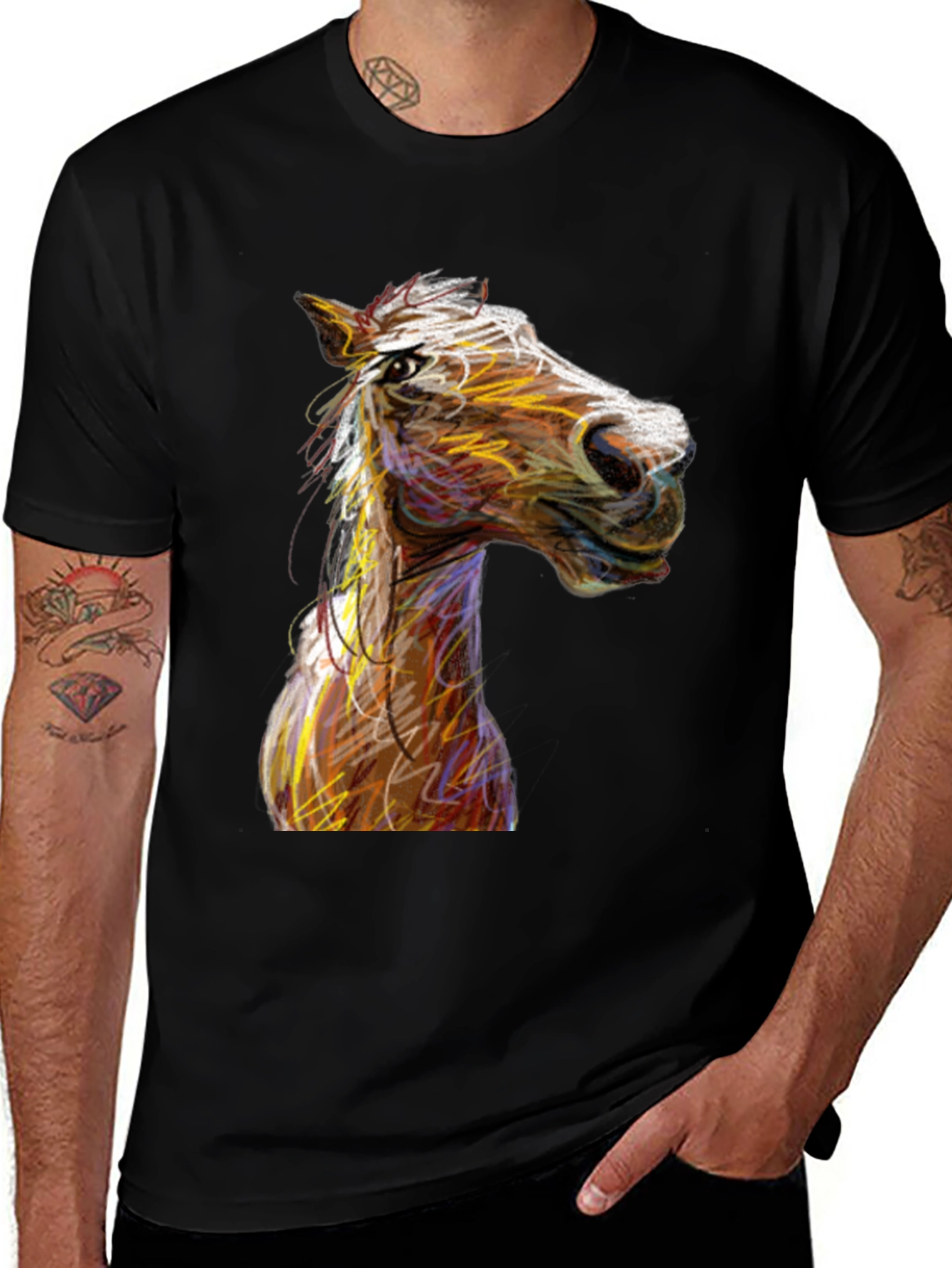 Black Horse Sketch Graphic Black Tee Shirt main image