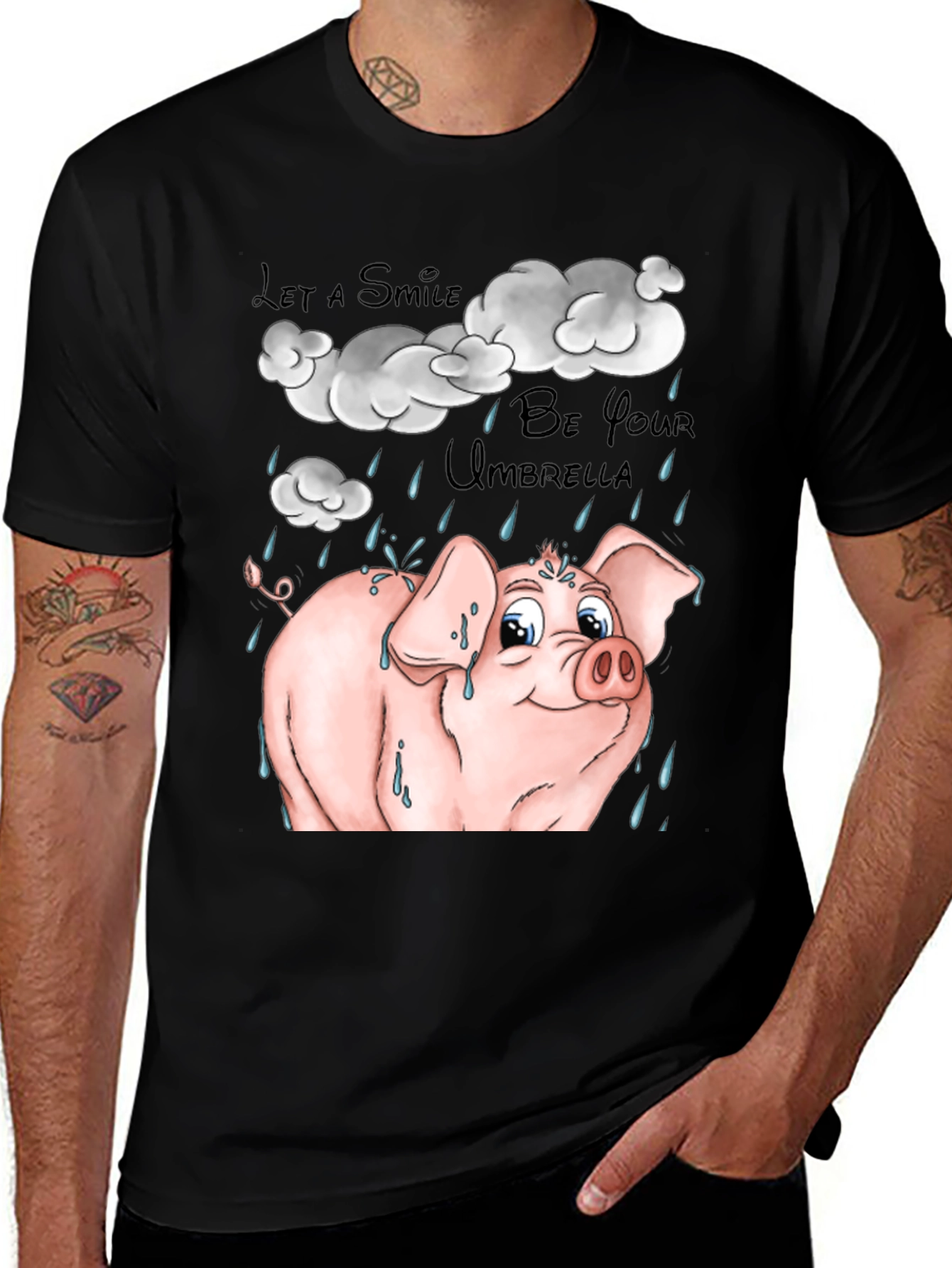 Variant 20 of Smiling Pig in Rain Black Graphic T-Shirt