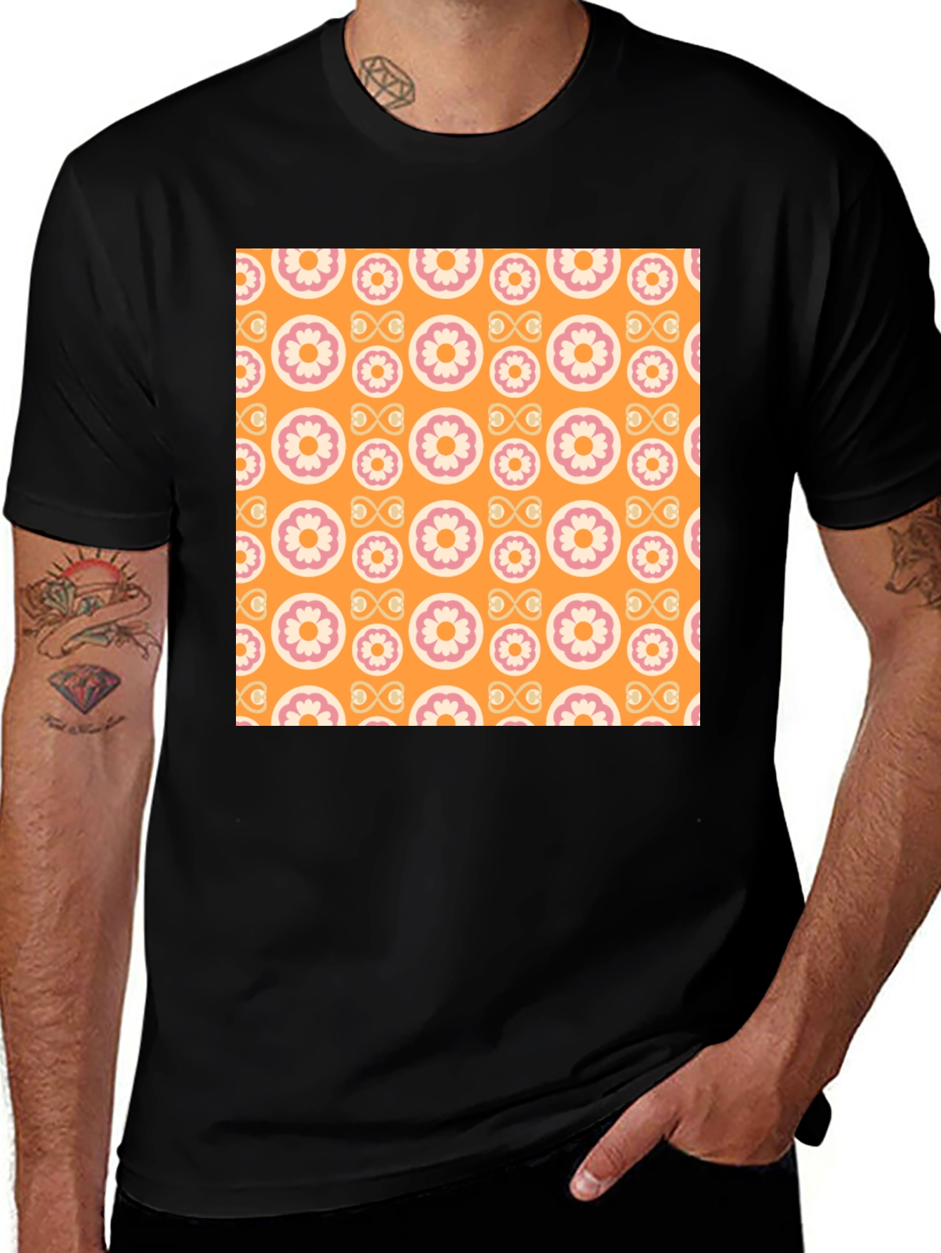 Retro Floral Pattern Black T-Shirt