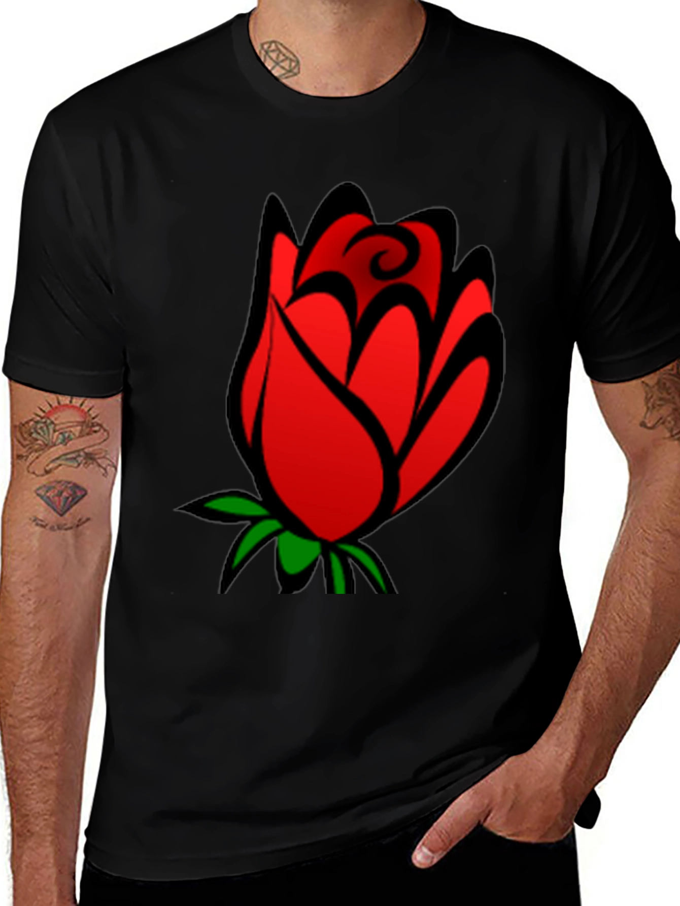Variant 25 of Men's Black T-Shirt with Red Rose Graphic