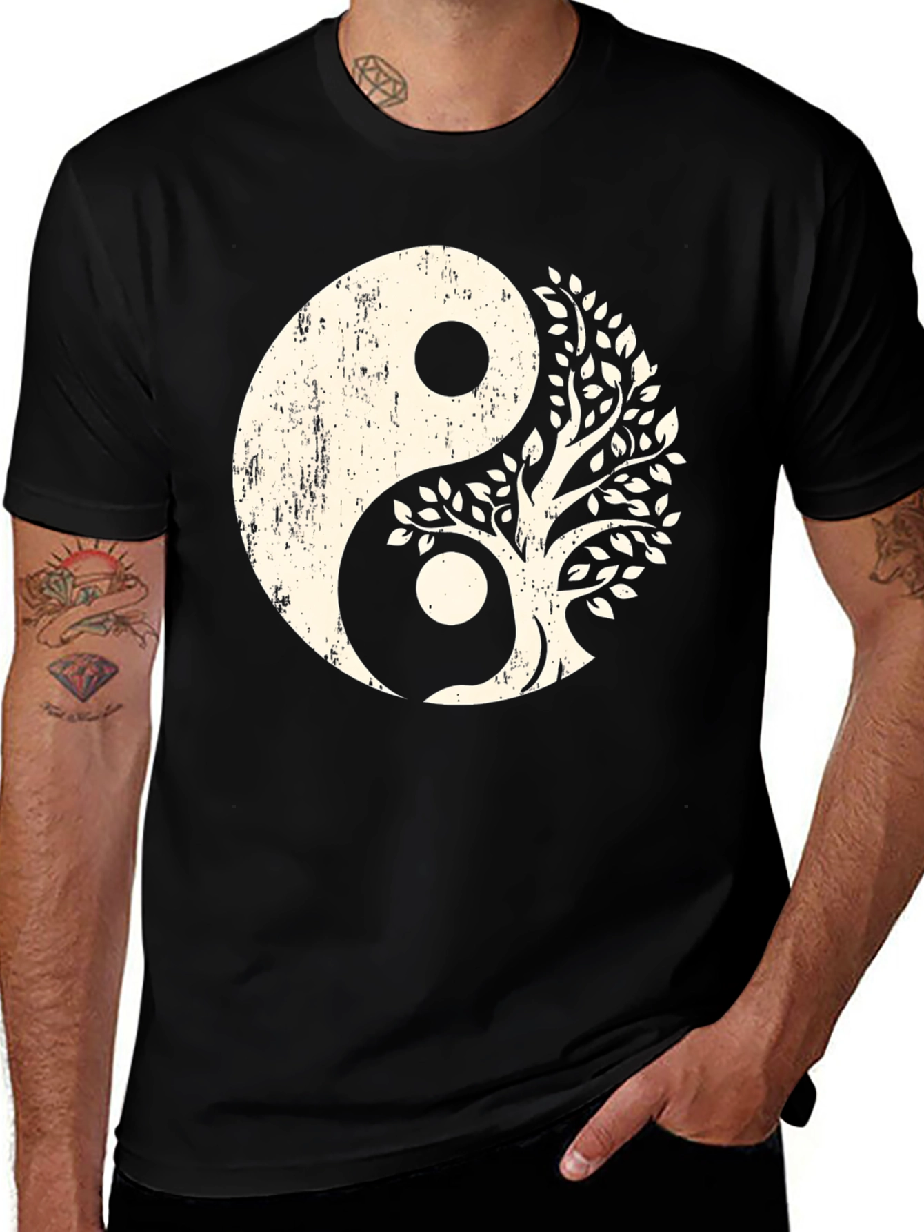 Yin Yang Tree Graphic Tee - Black Cotton Blend T-Shirt