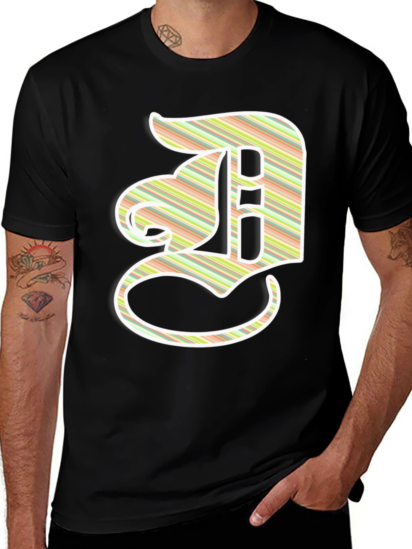 Variant 15 of Striped Letter "D" Graphic Tee - Casual Black T-Shirt