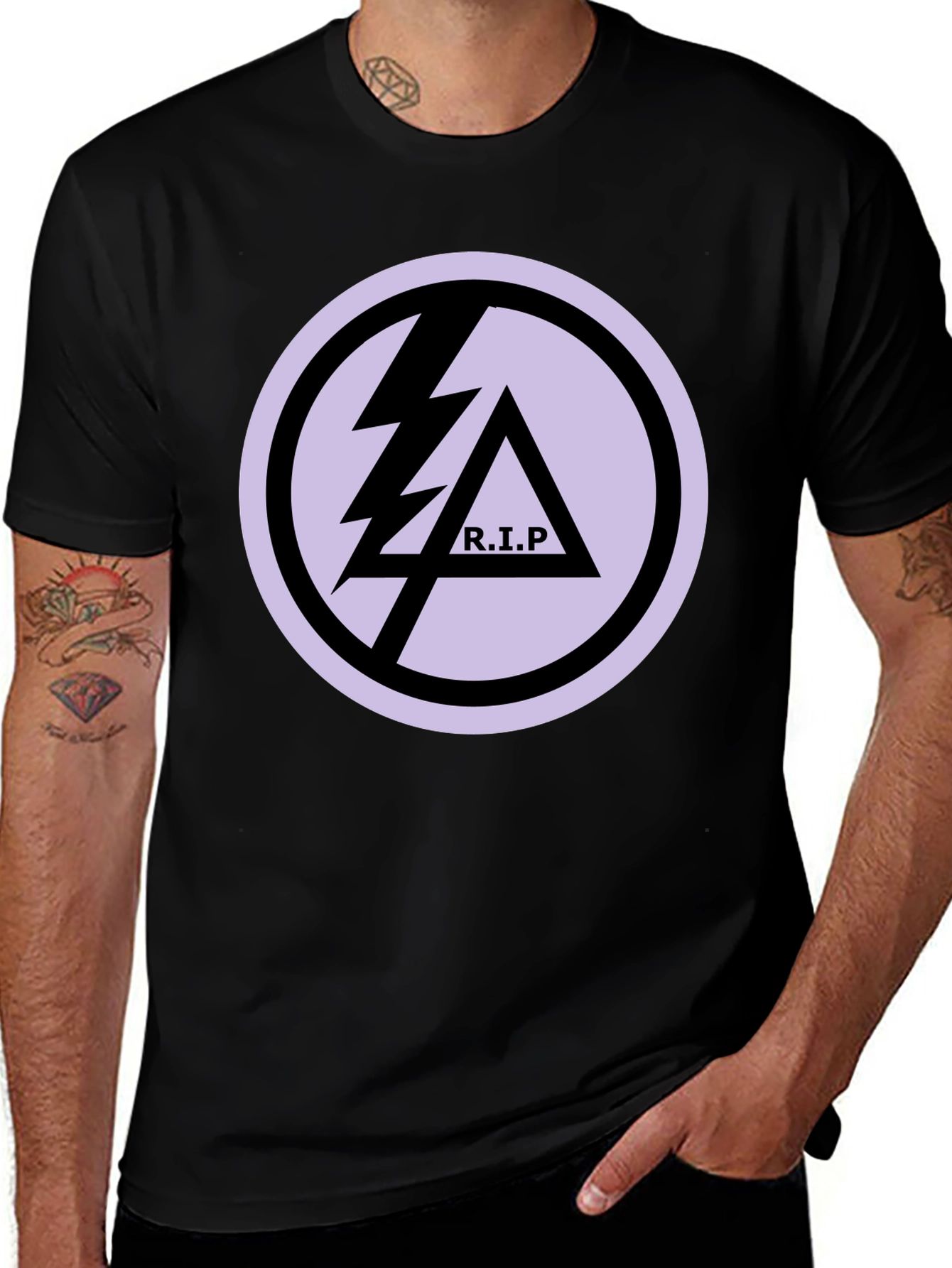 Variant 29 of Black T-Shirt with R.I.P Lightning Bolt Graphic Print