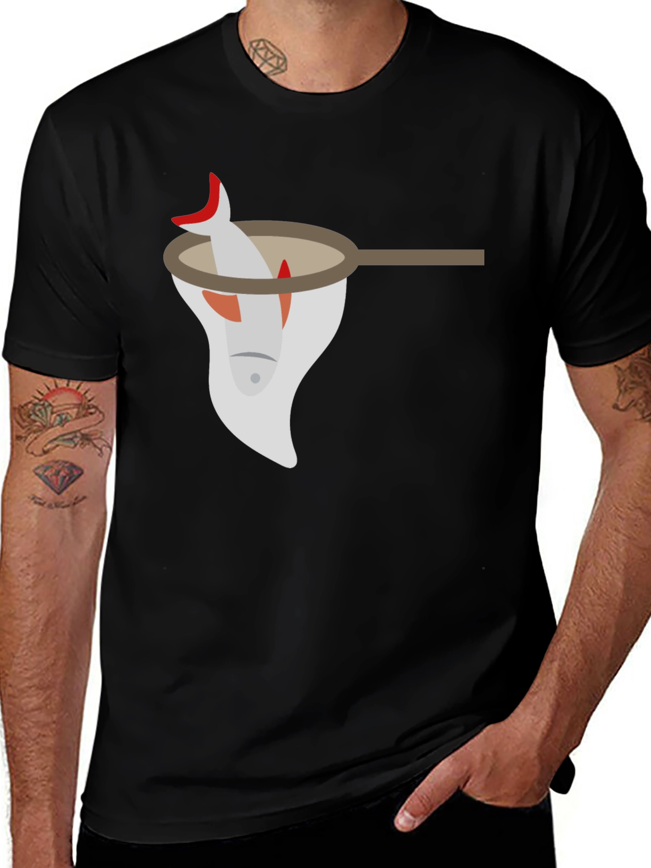 Fish in Net Graphic Tee - Black Cotton T-Shirt