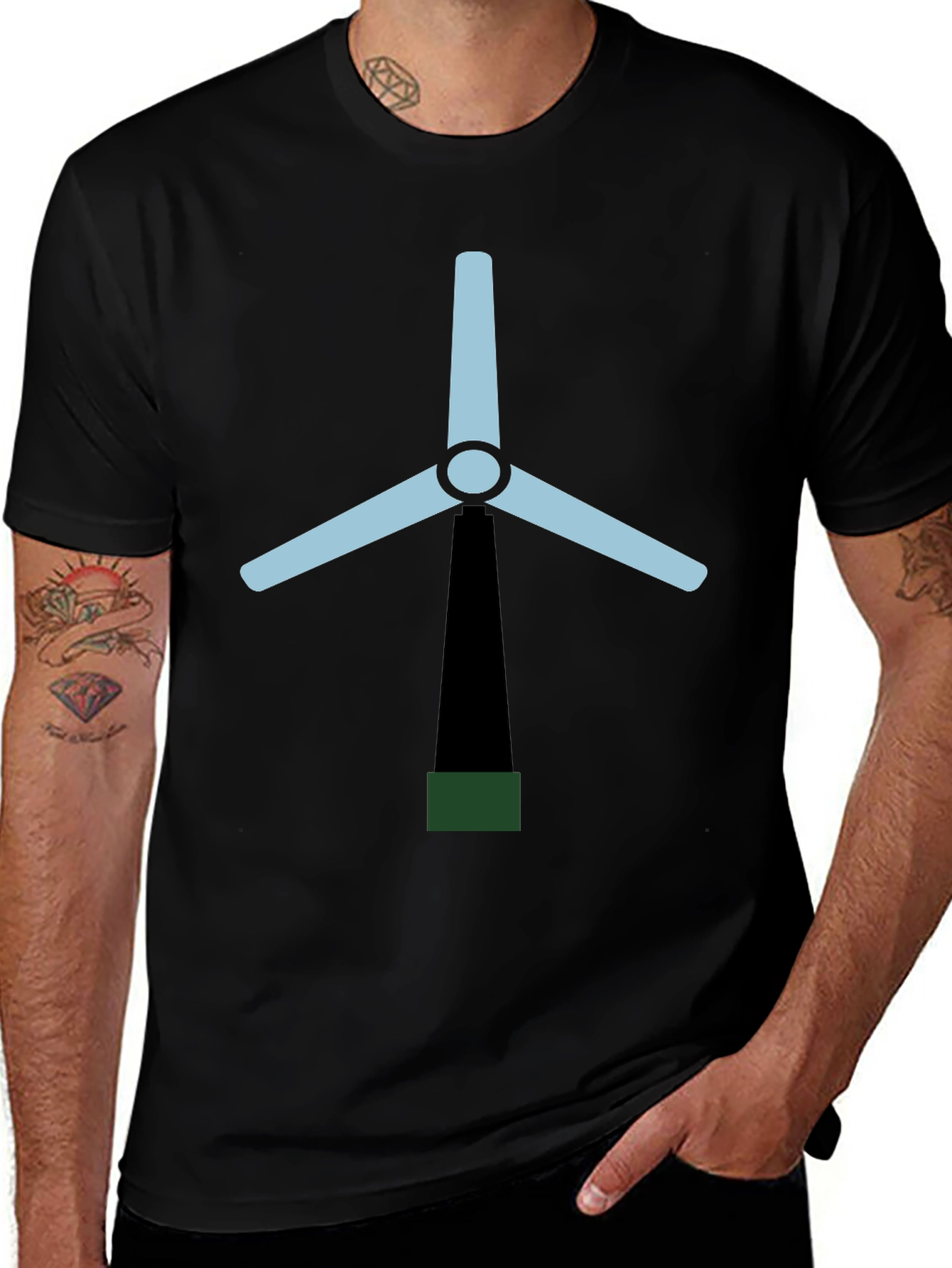 Variant 12 of Eco-Friendly Wind Turbine Graphic T-Shirt - Black