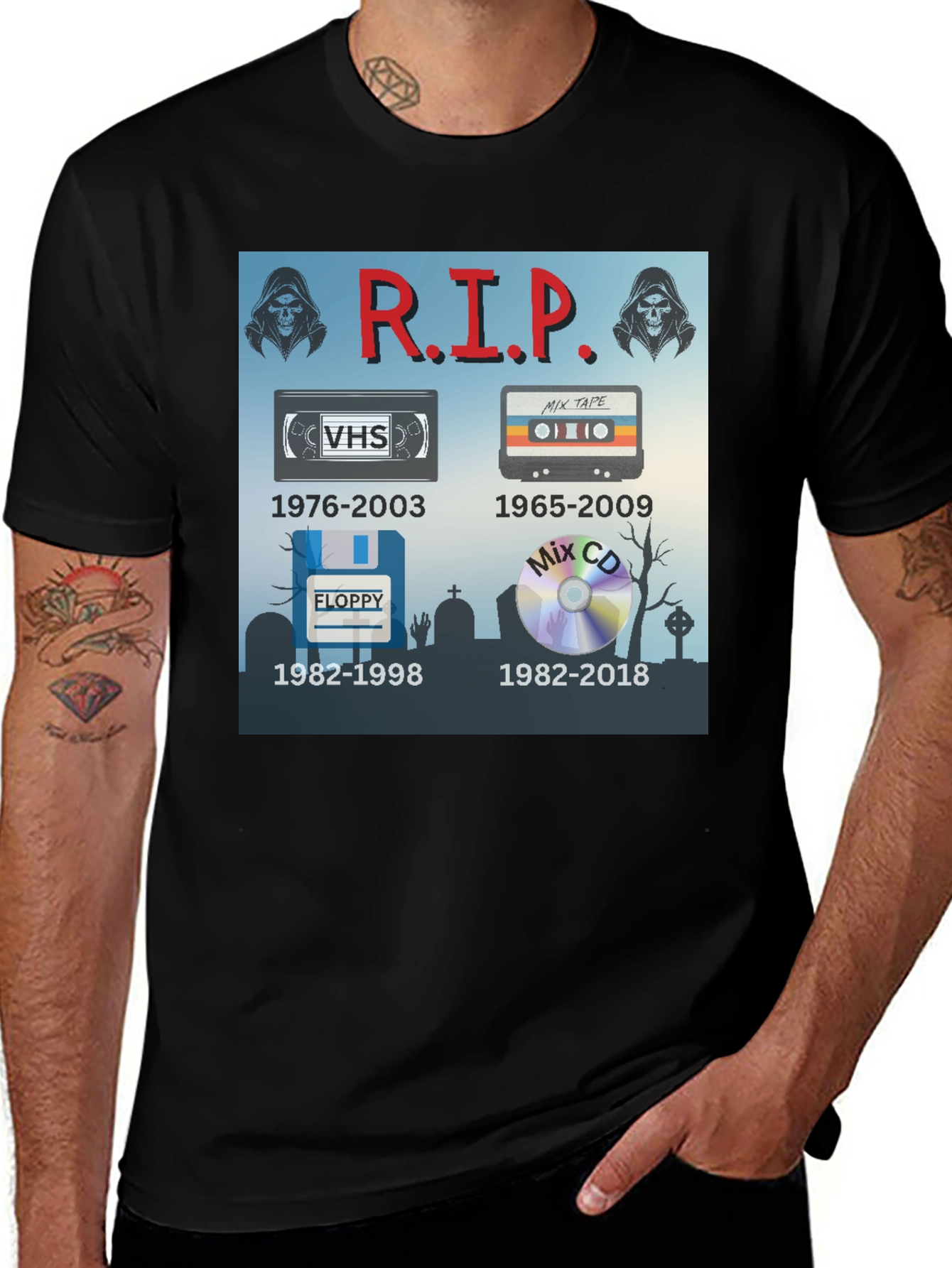 Variant 7 of R.I.P. Tech T-Shirt: VHS, Floppy Disk, Cassette, CD
