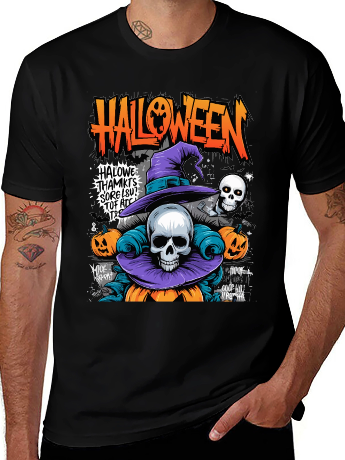 Black Halloween Skull Pumpkin Graphic Tee main image