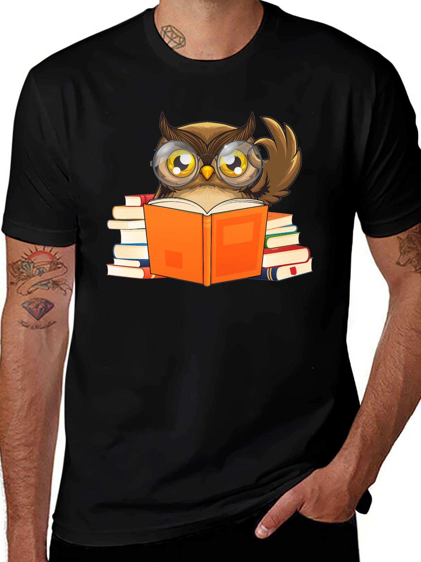 Owl Reading Book T-Shirt - Black