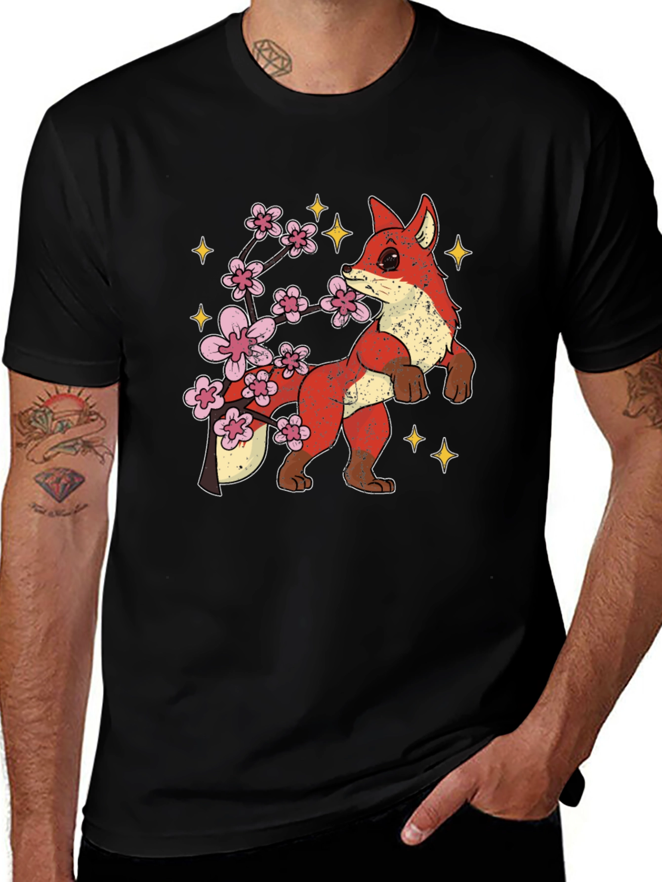 Variant 14 of Fox and Cherry Blossom Graphic Tee - Black