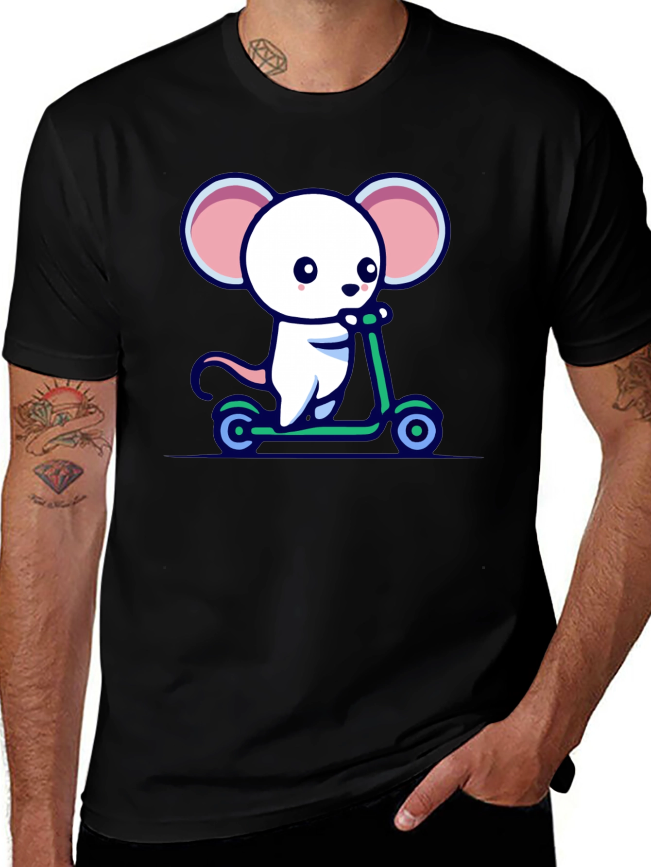 Variant 26 of Cute Mouse Scooter Ride Graphic Tee - Black Cotton Comfort
