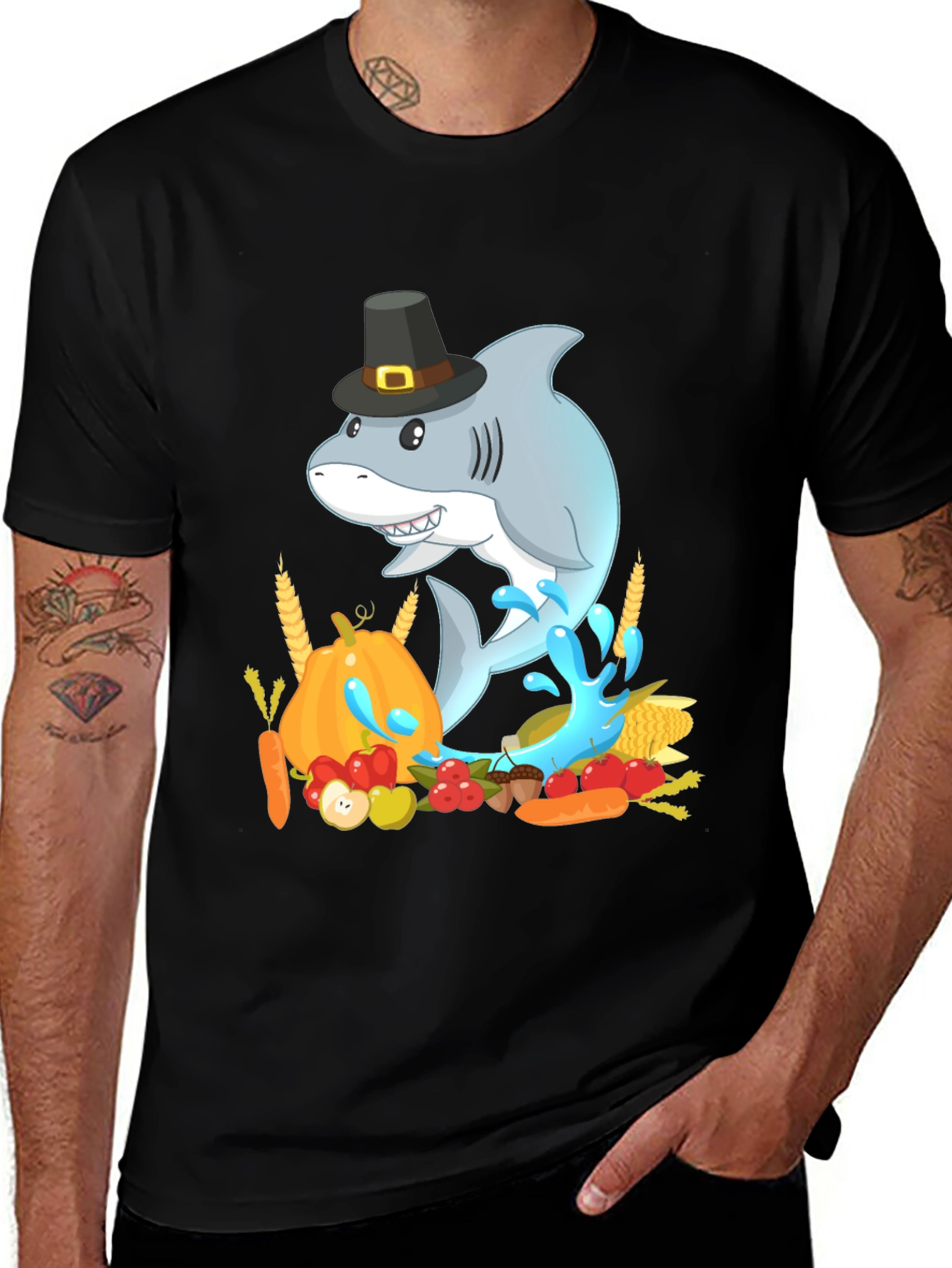Variant 25 of Thanksgiving Shark Men's Black T-Shirt